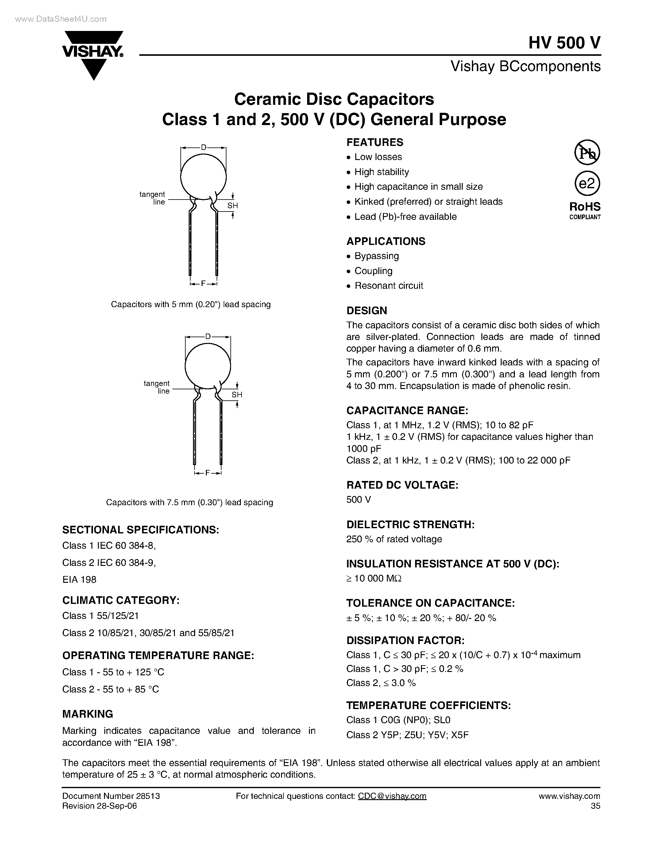 Datasheet HV500V - Ceramic Disc Capacitors page 1