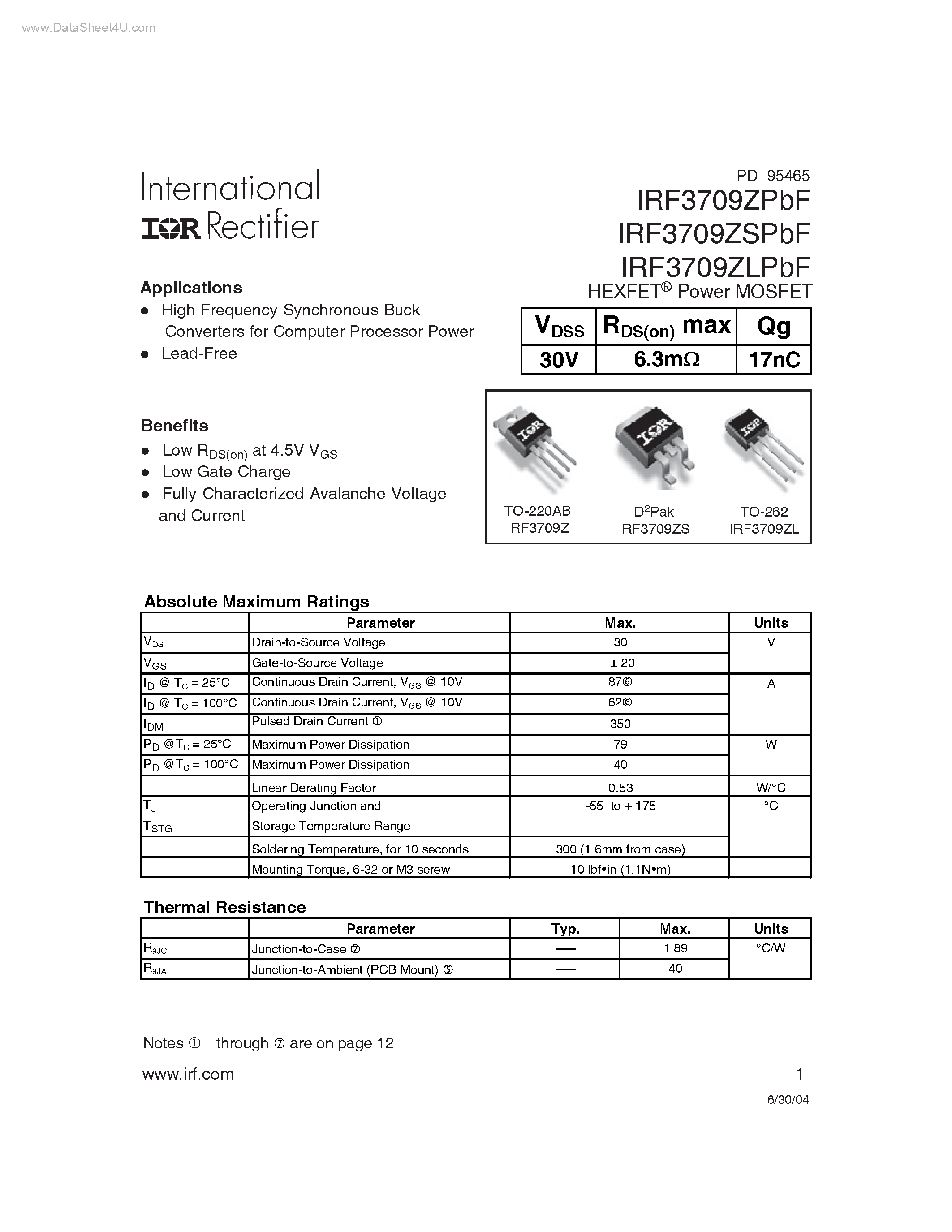Datasheet IRF3709ZLPBF page 1 Datasheet IRF3709ZLPBF - (IRF3709xPbF) HEXFET Power MOSFET page 1