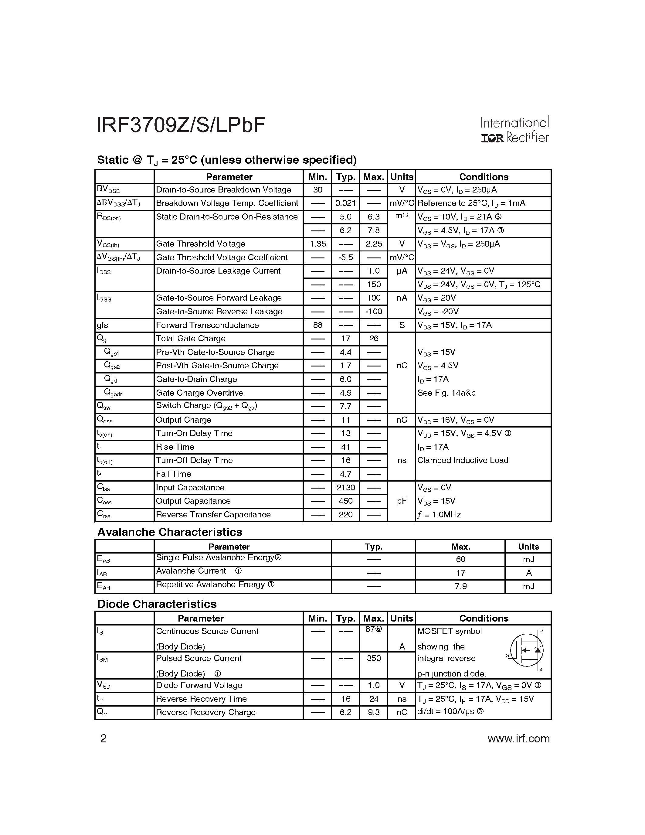 Datasheet IRF3709ZLPBF page 2 Datasheet IRF3709ZLPBF - (IRF3709xPbF) HEXFET Power MOSFET page 2