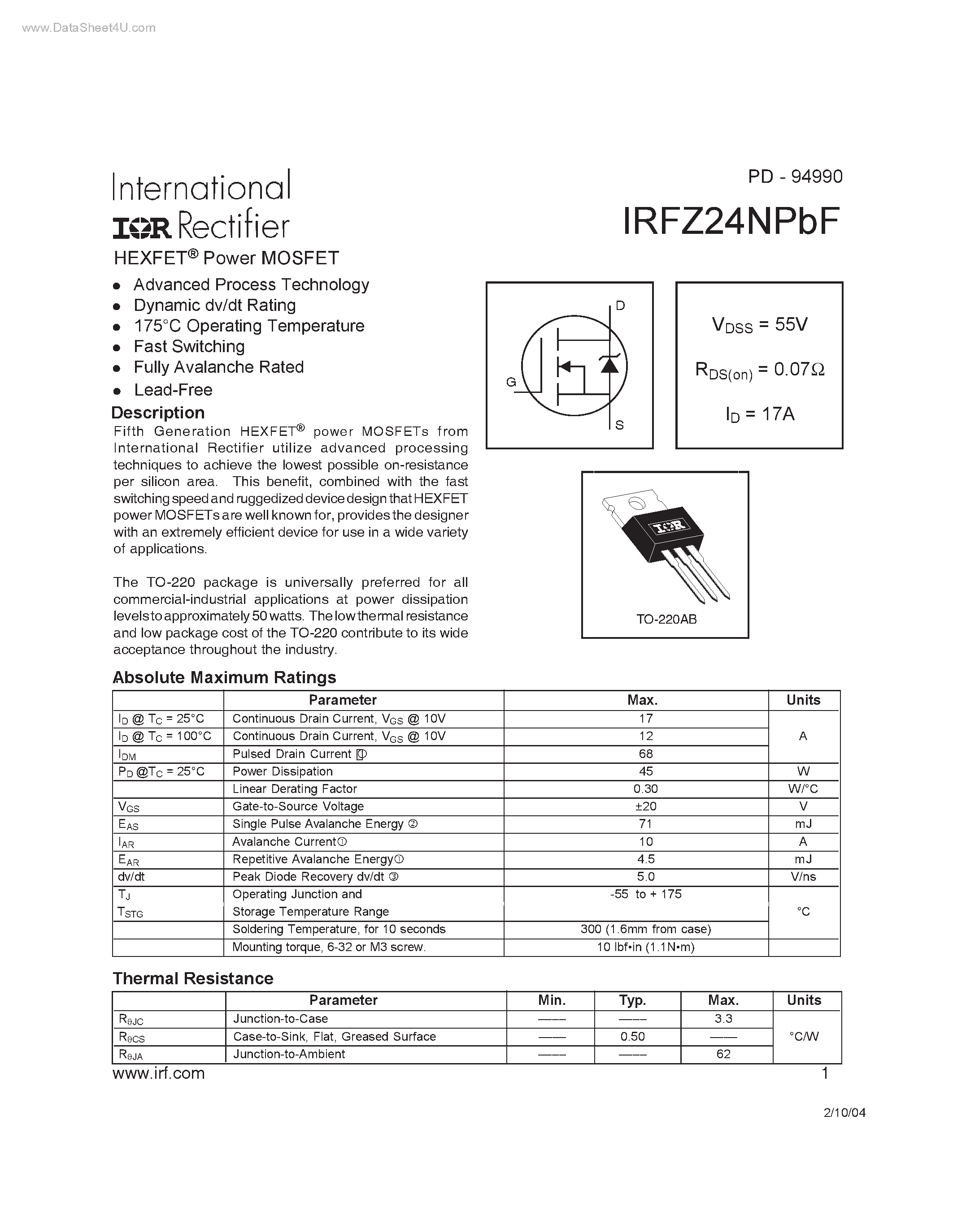 Datasheet IRFZ24NPBF - HEXFET Power MOSFET page 1