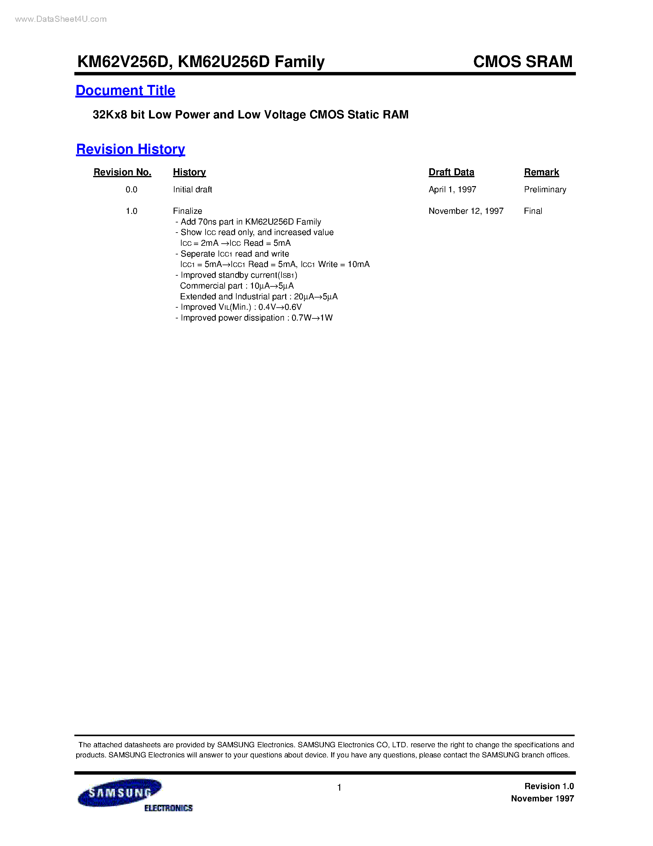 Даташит на микросхему KM62V256D страница 1 Даташит KM62V256D - Low Power and Low Voltage CMOS Static RAM страница 1