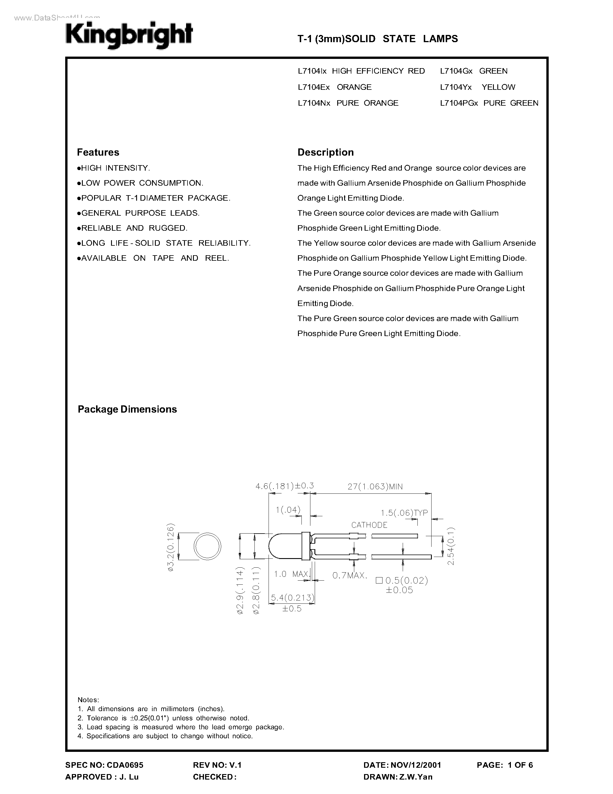 Datasheet L7104 page 1 Datasheet L7104 - SOLID STATE LAMPS page 1