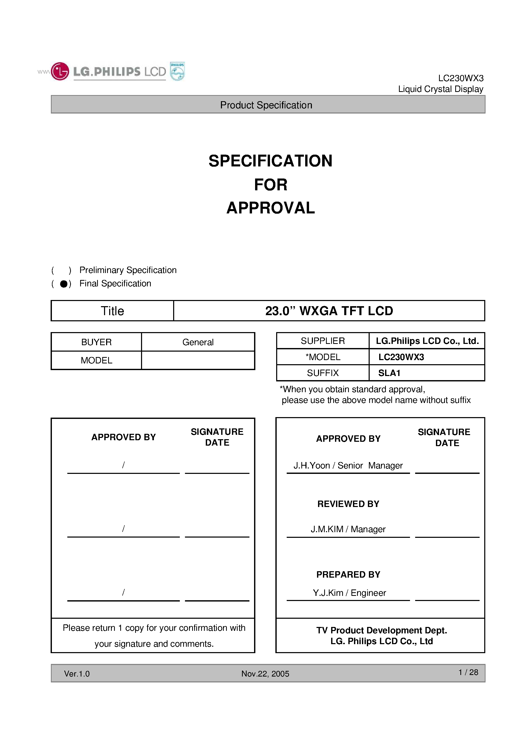 Datasheet LC230WX3 - Liquid Crystal Display page 1
