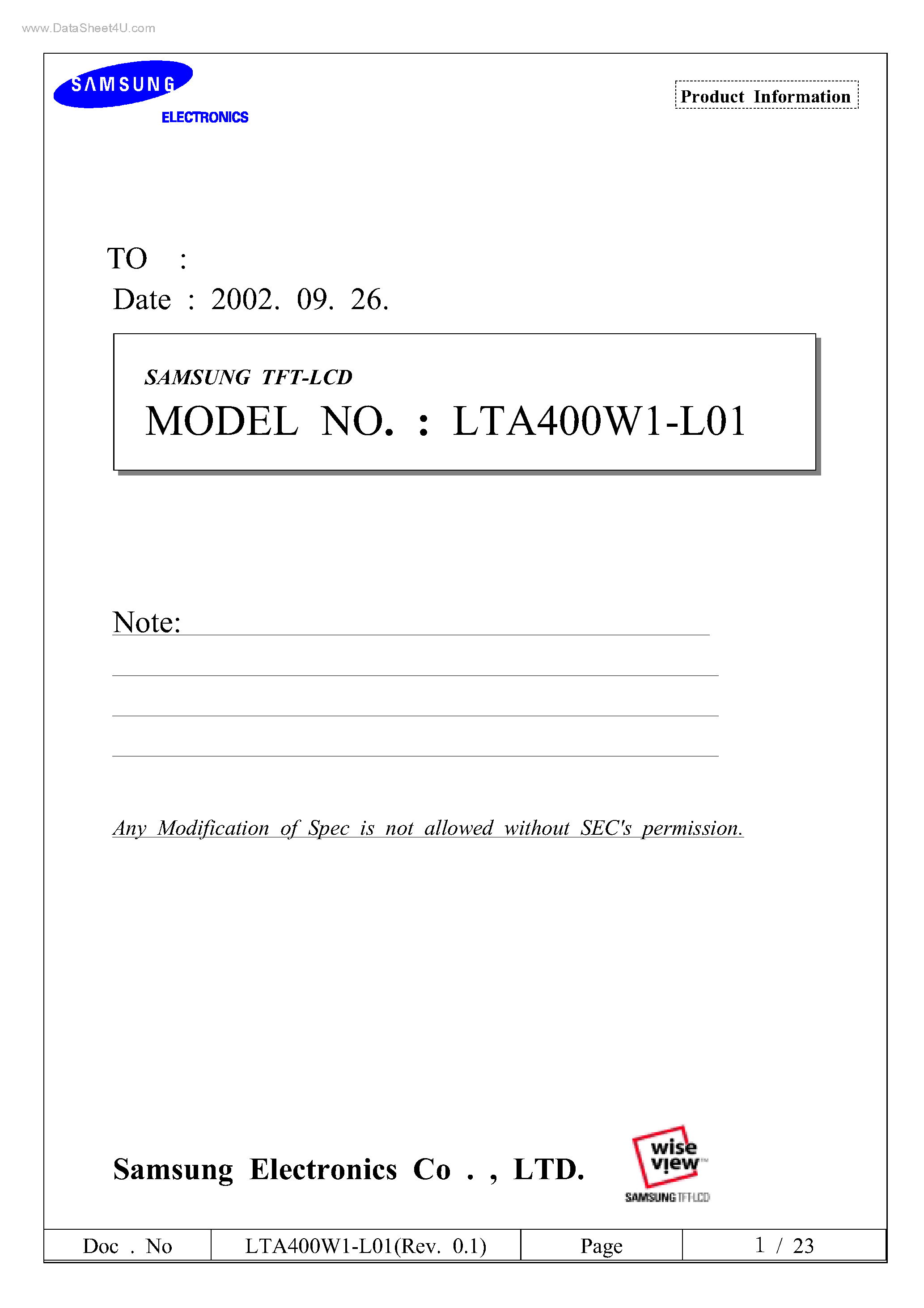 Даташит LTA400W1-L01 - Color active matrix TFT страница 1