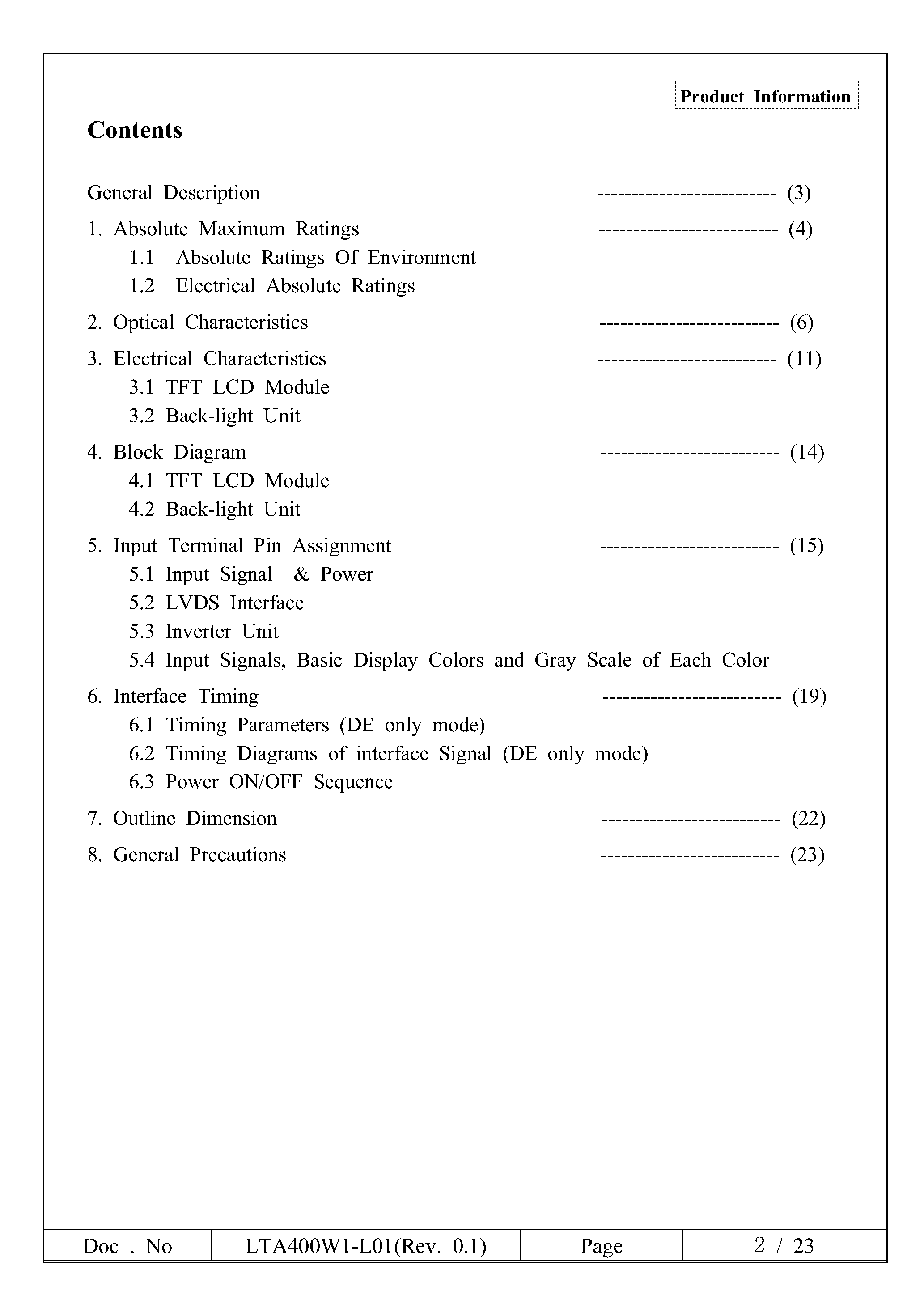 Даташит LTA400W1-L01 - Color active matrix TFT страница 2