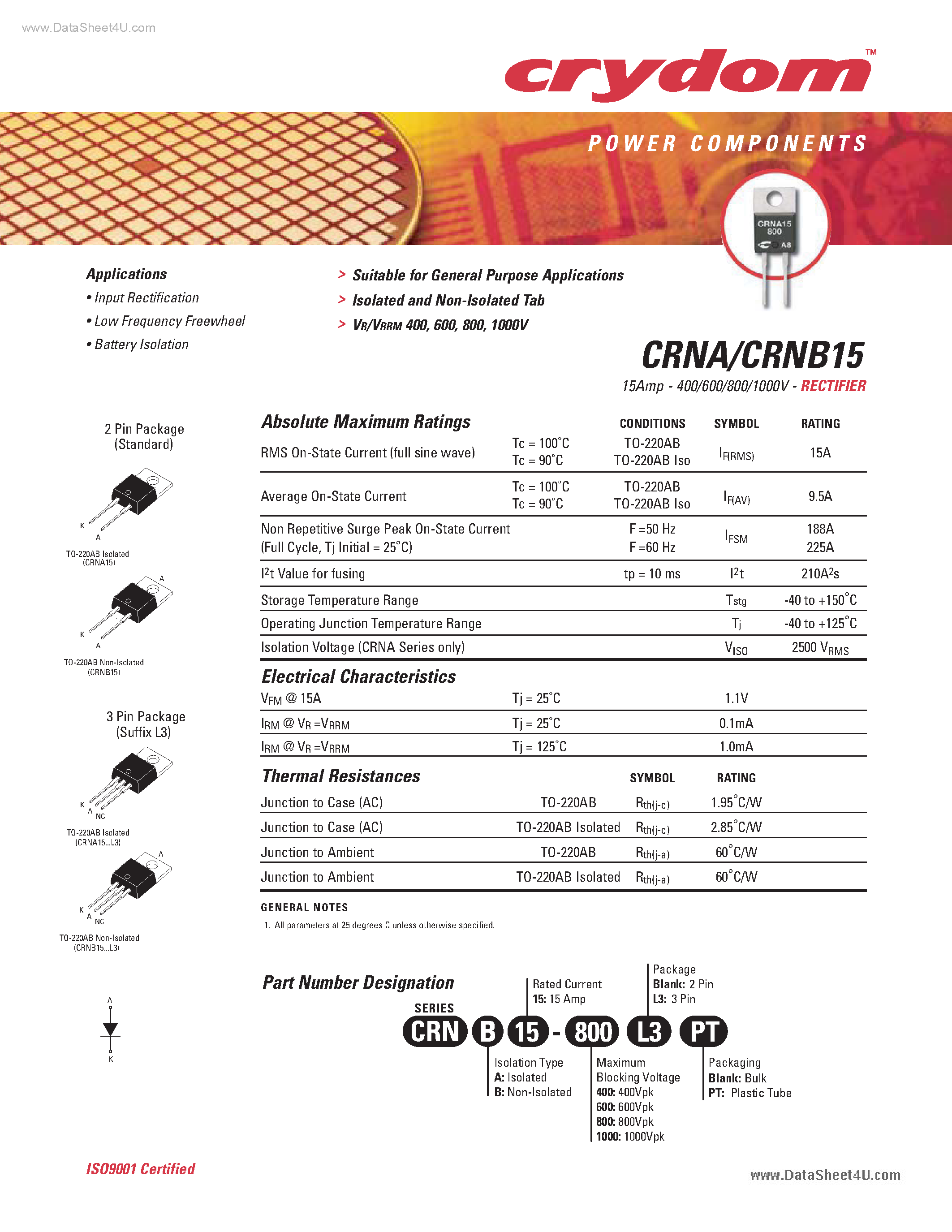 Datasheet CRNA15 page 1 Datasheet CRNA15 - Rectifier page 1