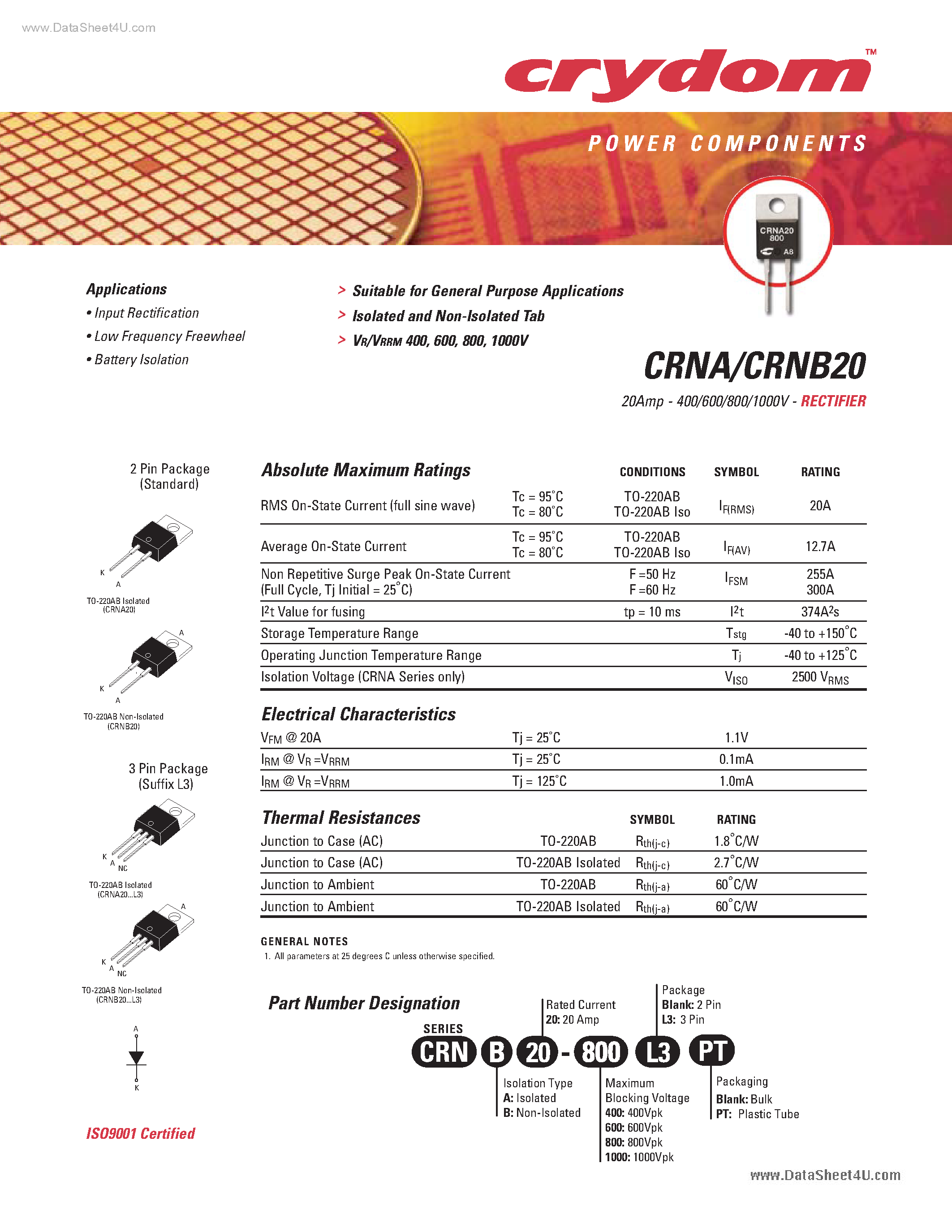 Datasheet CRNA20 page 1 Datasheet CRNA20 - Rectifiers page 1