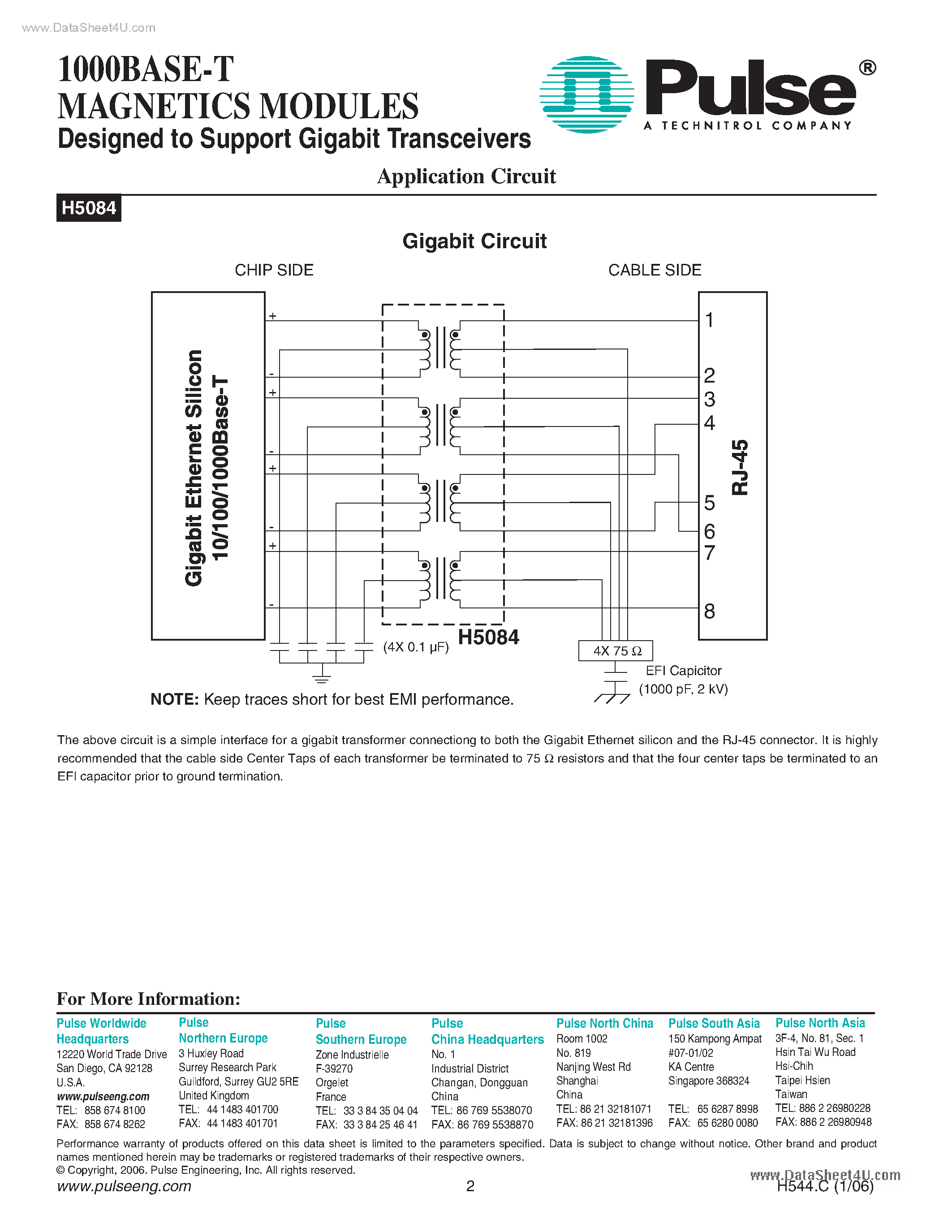 Datasheet H544 - 1000Base-T Magnetics Modules Designed to Support Gigabit Transceivers page 2