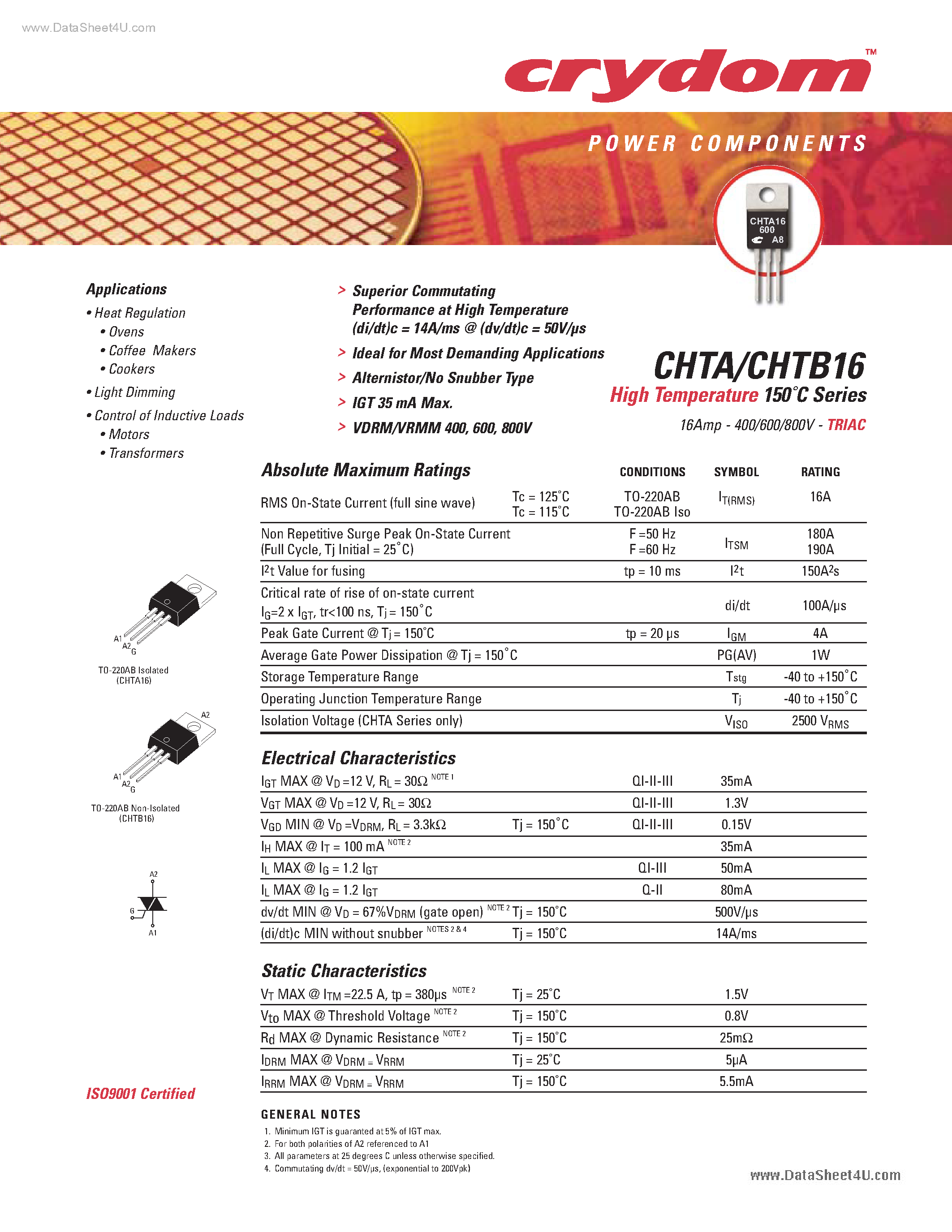 Datasheet CHTA16 - High Temperature Triacs page 1