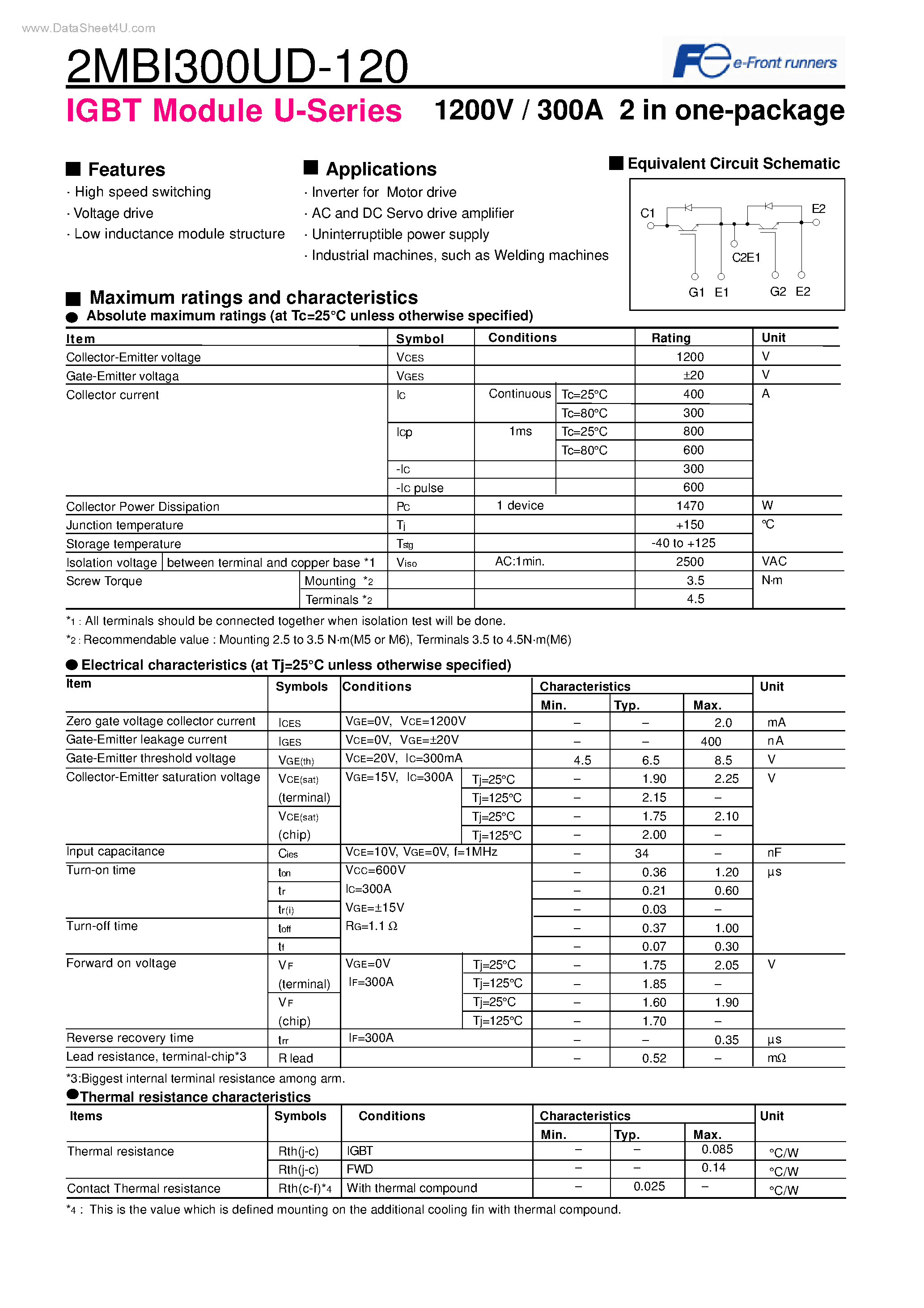 Datasheet 2MBI300UD-120 - 2 in one-package IGBT Module U-Series page 1