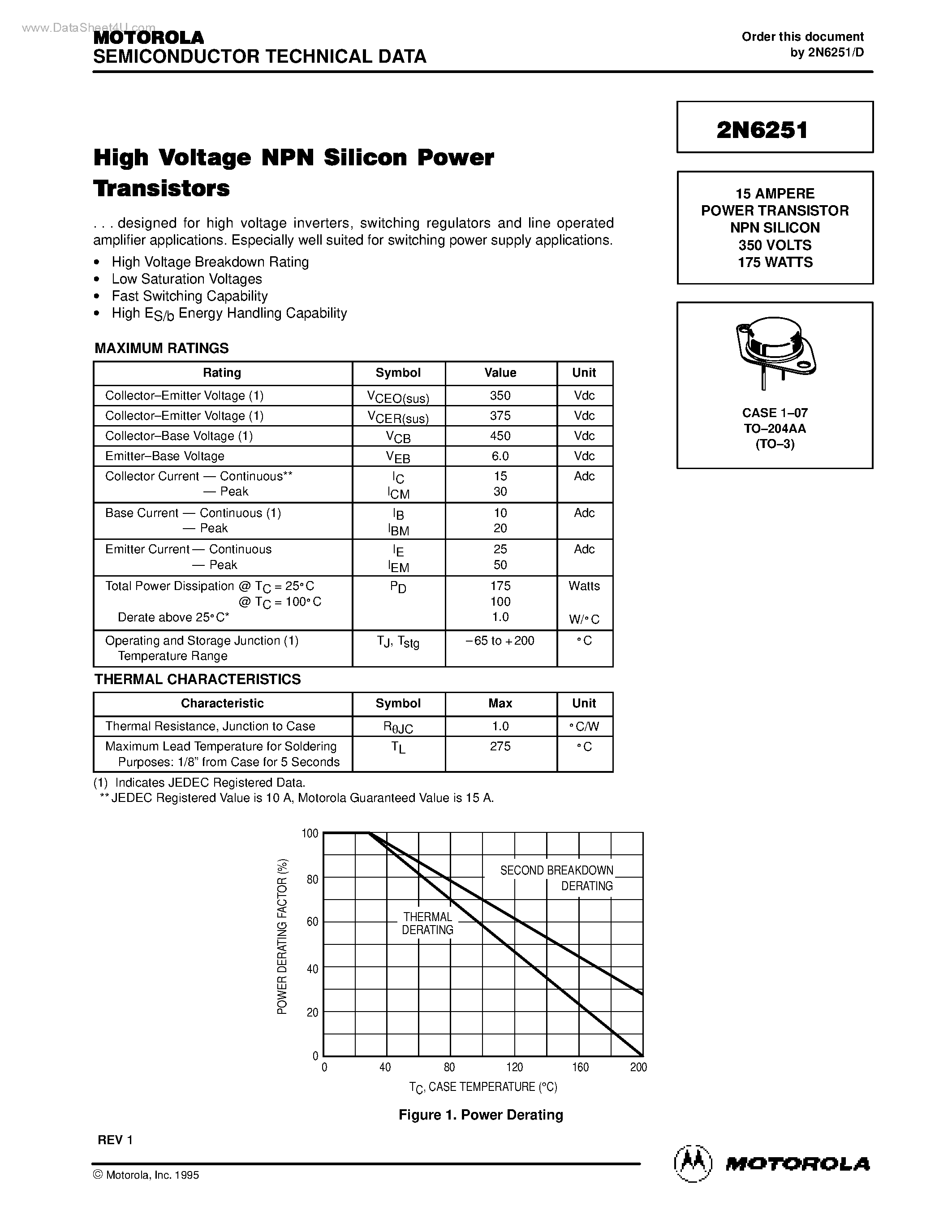 Даташит 2N6251 - High Voltage NPN Silicon Power Transistors страница 1