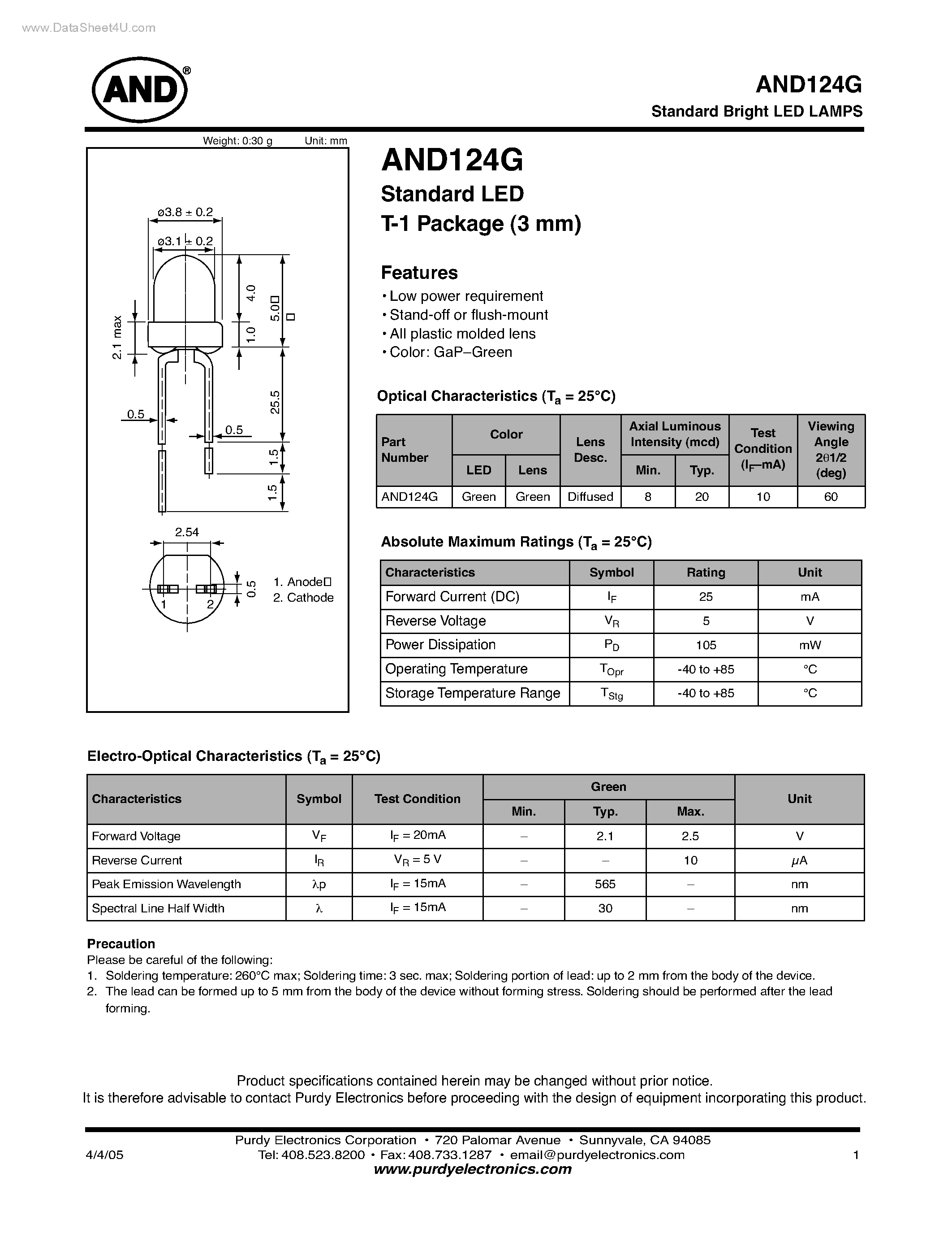 Datasheet AND124G page 1 Datasheet AND124G - Standard LED T-1 Package page 1