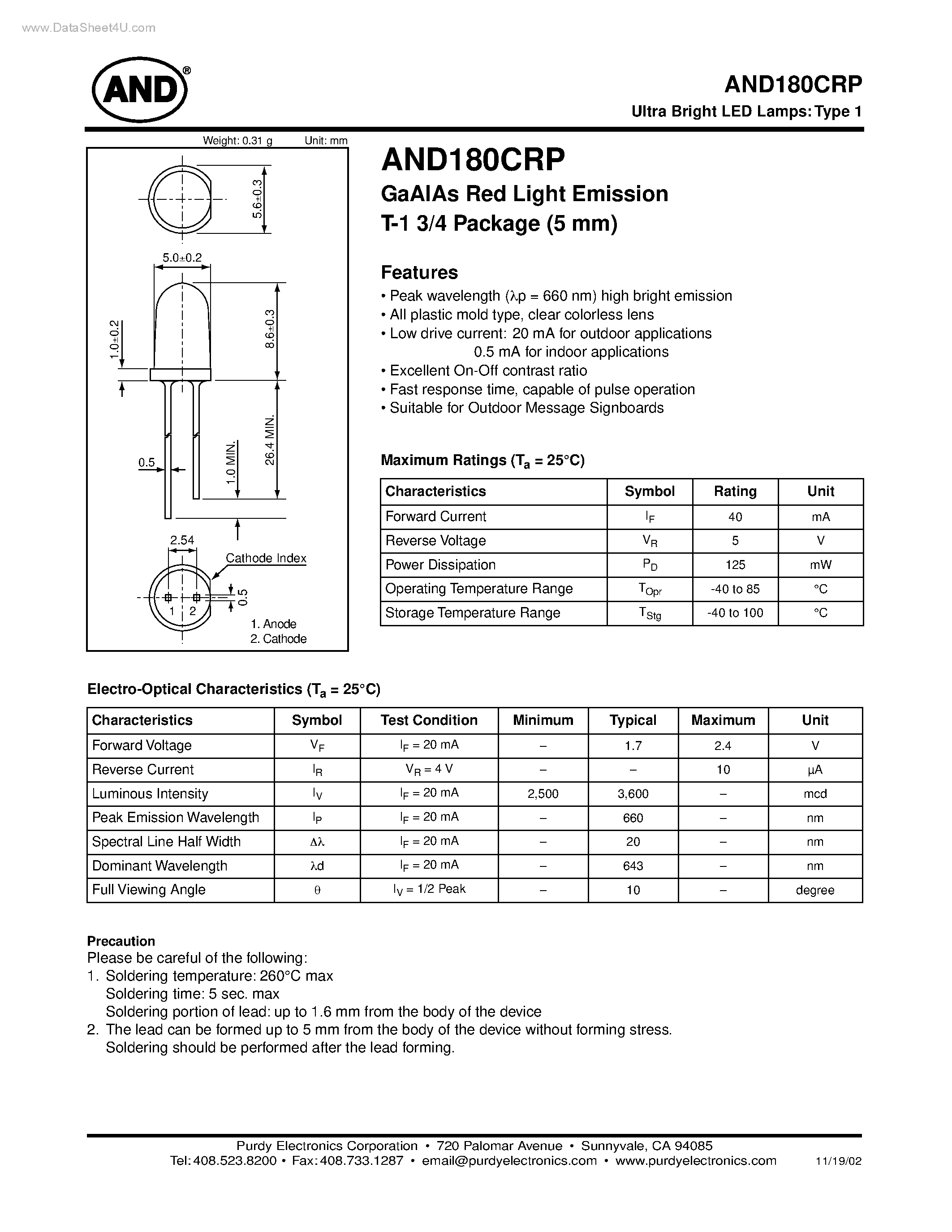Datasheet AND180CRP page 1 Datasheet AND180CRP - GaAlAs Red Light Emission T-1 3/4 Package page 1