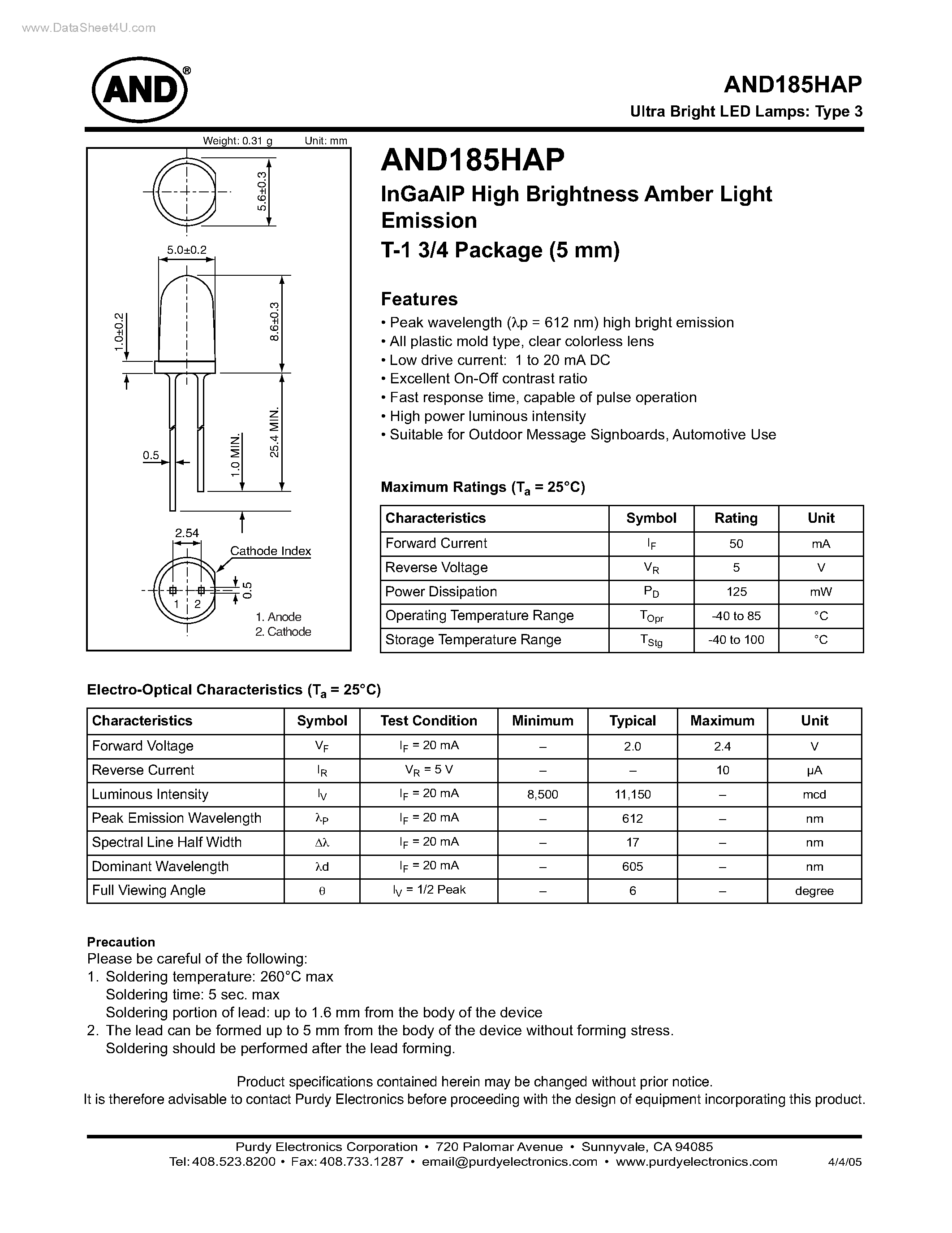 Datasheet AND185HAP page 1 Datasheet AND185HAP - InGaAlP High Brightness Amber Light Emission T-1 3/4 Package page 1