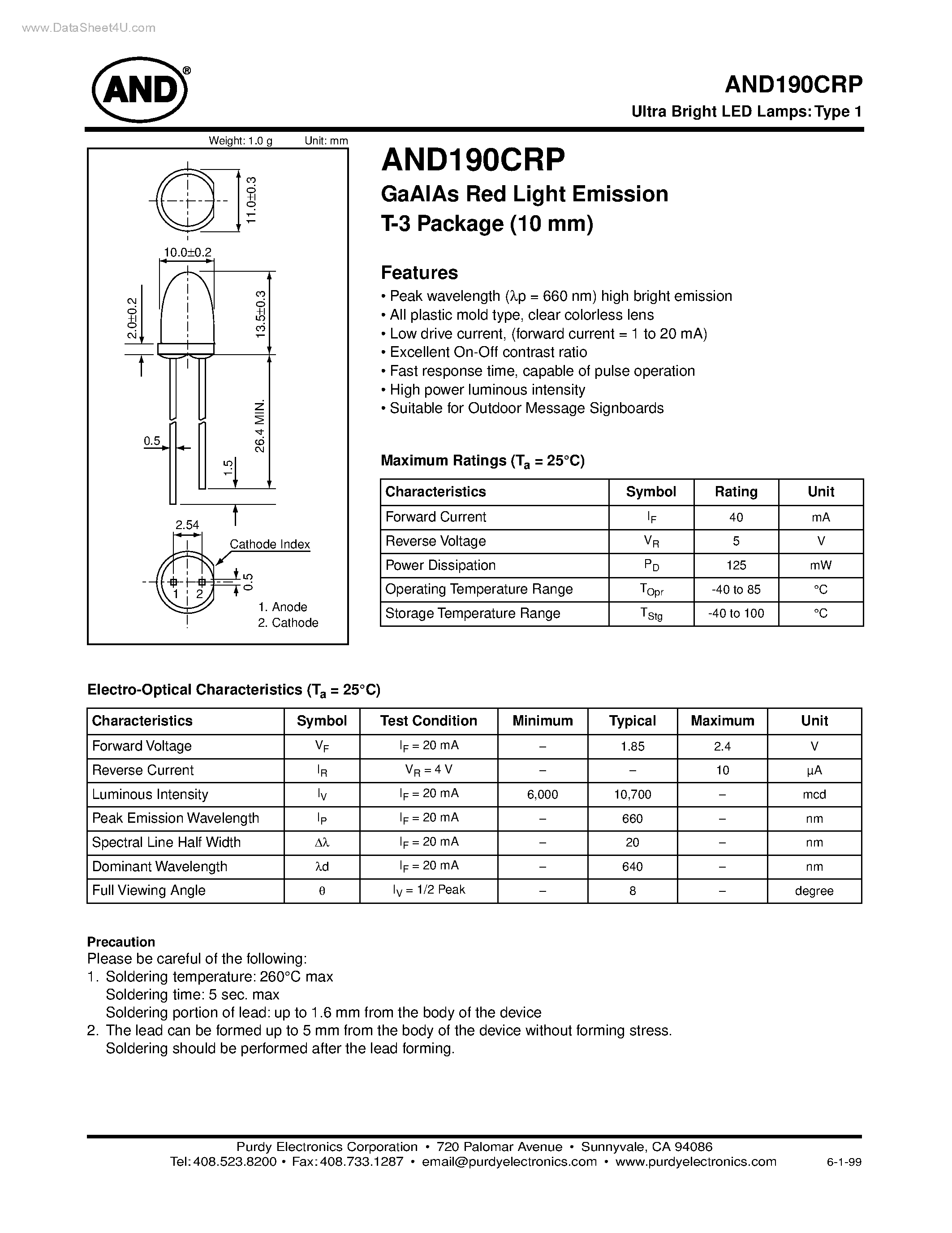 Datasheet AND190CRP - Ultra Bright LED Lamps GaAlAs Red Light Emission T-3 Package page 1