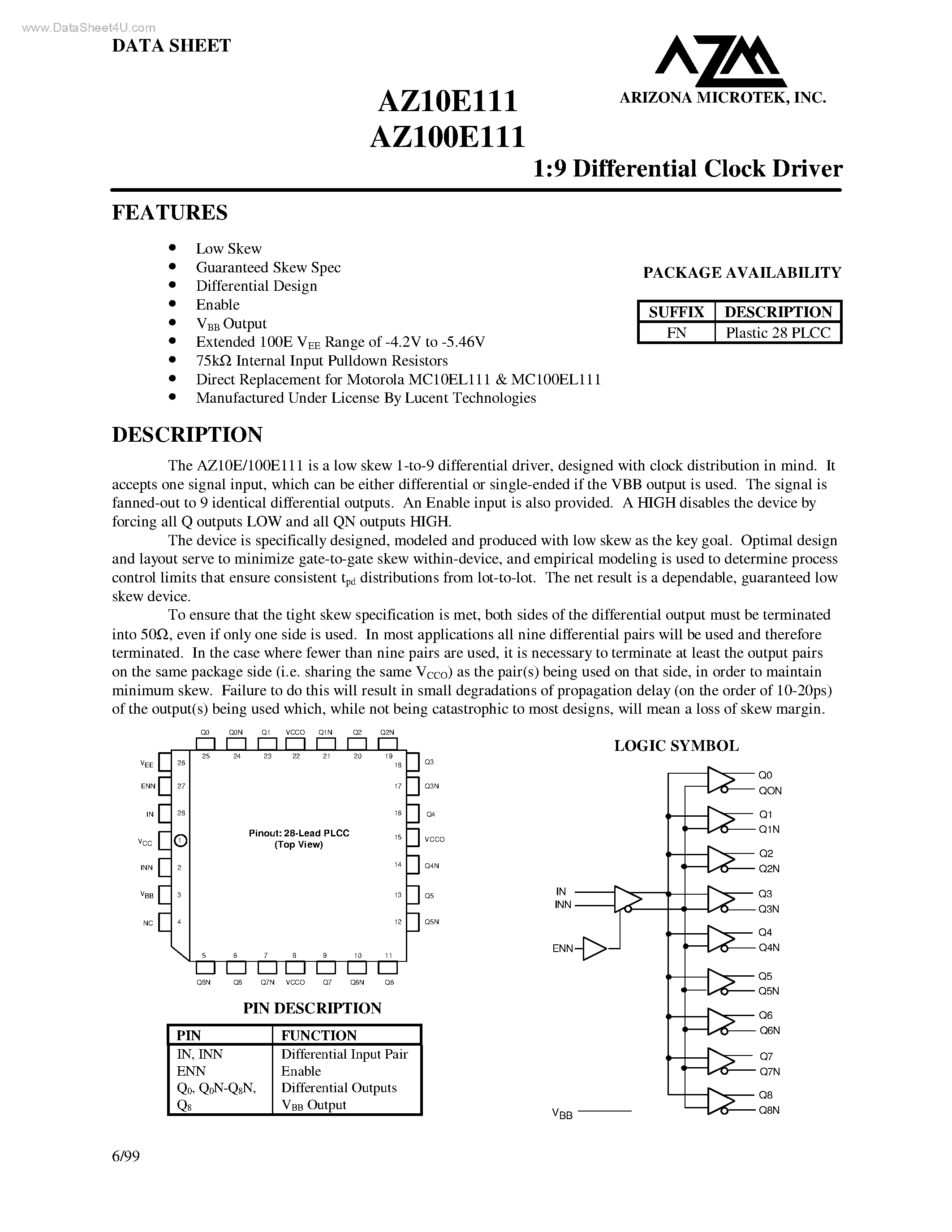 Даташит AZ100E111 - 1:9 Differential Clock Driver страница 1
