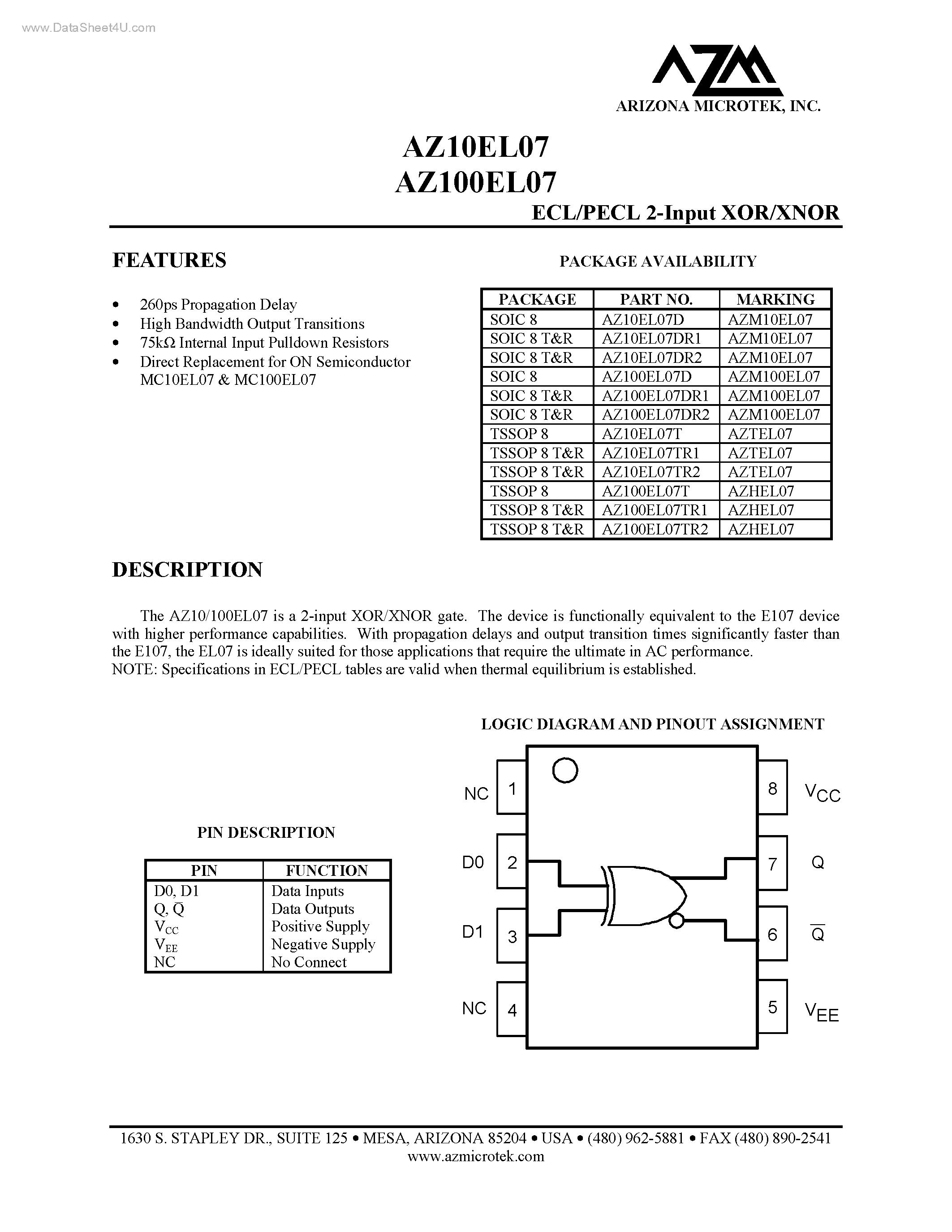 Даташит на микросхему AZ100EL07 страница 1 Даташит AZ100EL07 - ECL/PECL 2-Input XOR/XNOR страница 1