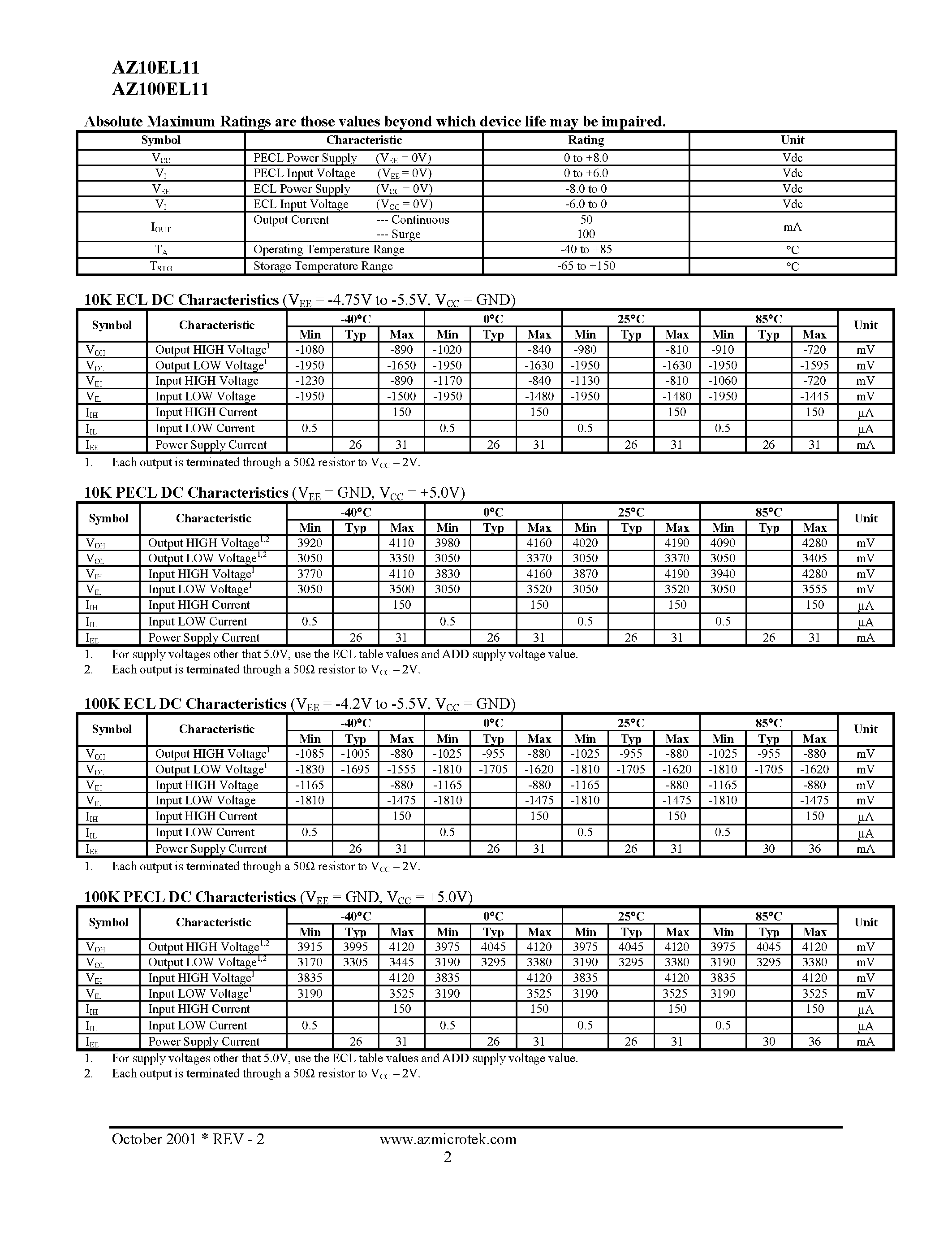 Datasheet AZ100EL11 - ECL/PECL 1:2 Differential Fanout Buffer page 2