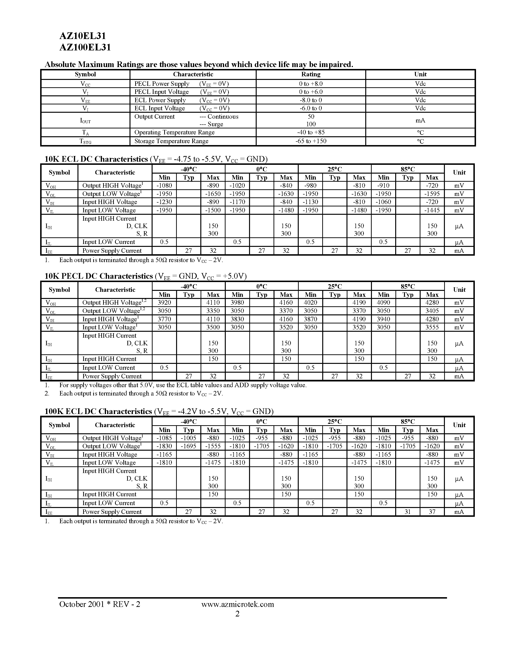 Даташит AZ100EL31 - ECL/PECL D Flip-Flop страница 2