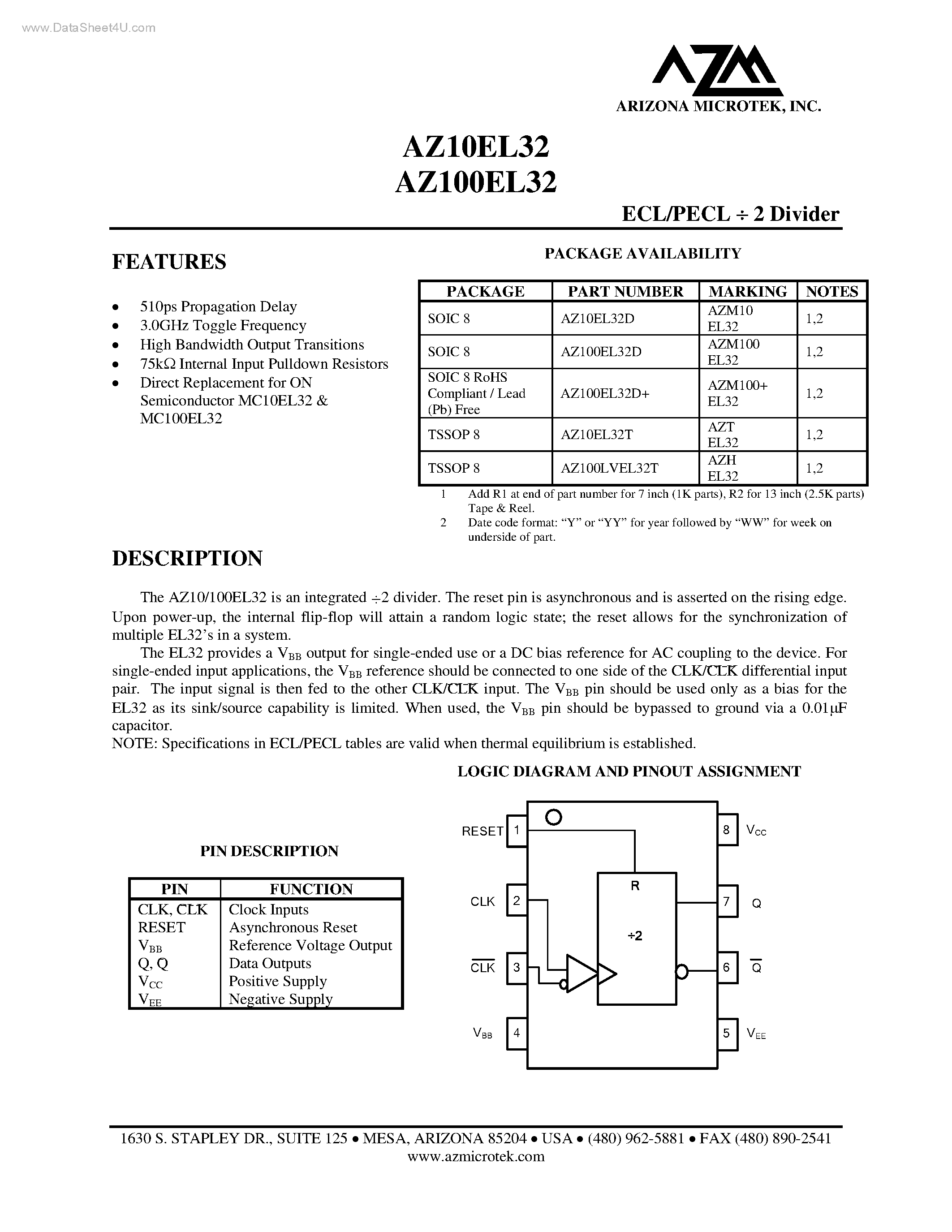 Даташит на микросхему AZ100EL32 страница 1 Даташит AZ100EL32 - ECL/PECL / 2 Divider страница 1