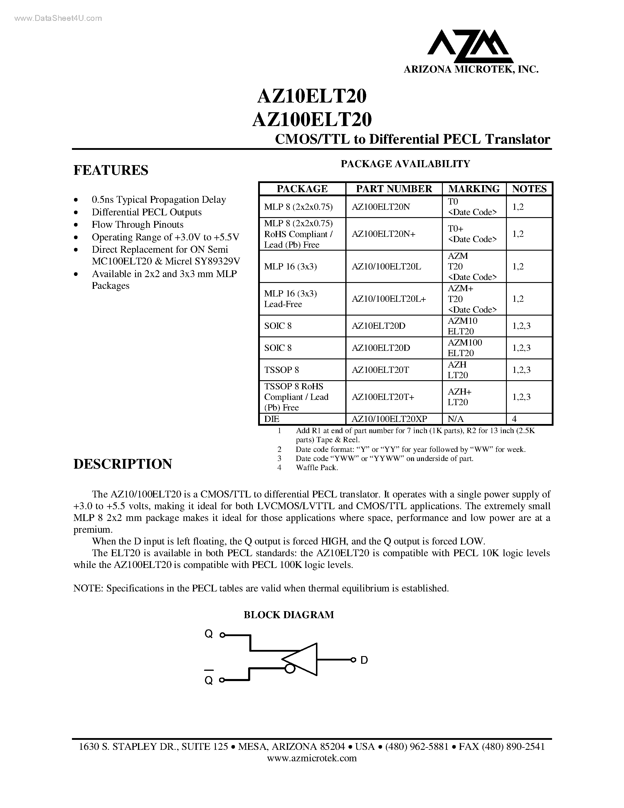 Datasheet AZ100ELT20 - CMOS/TTL to Differential PECL Translator page 1