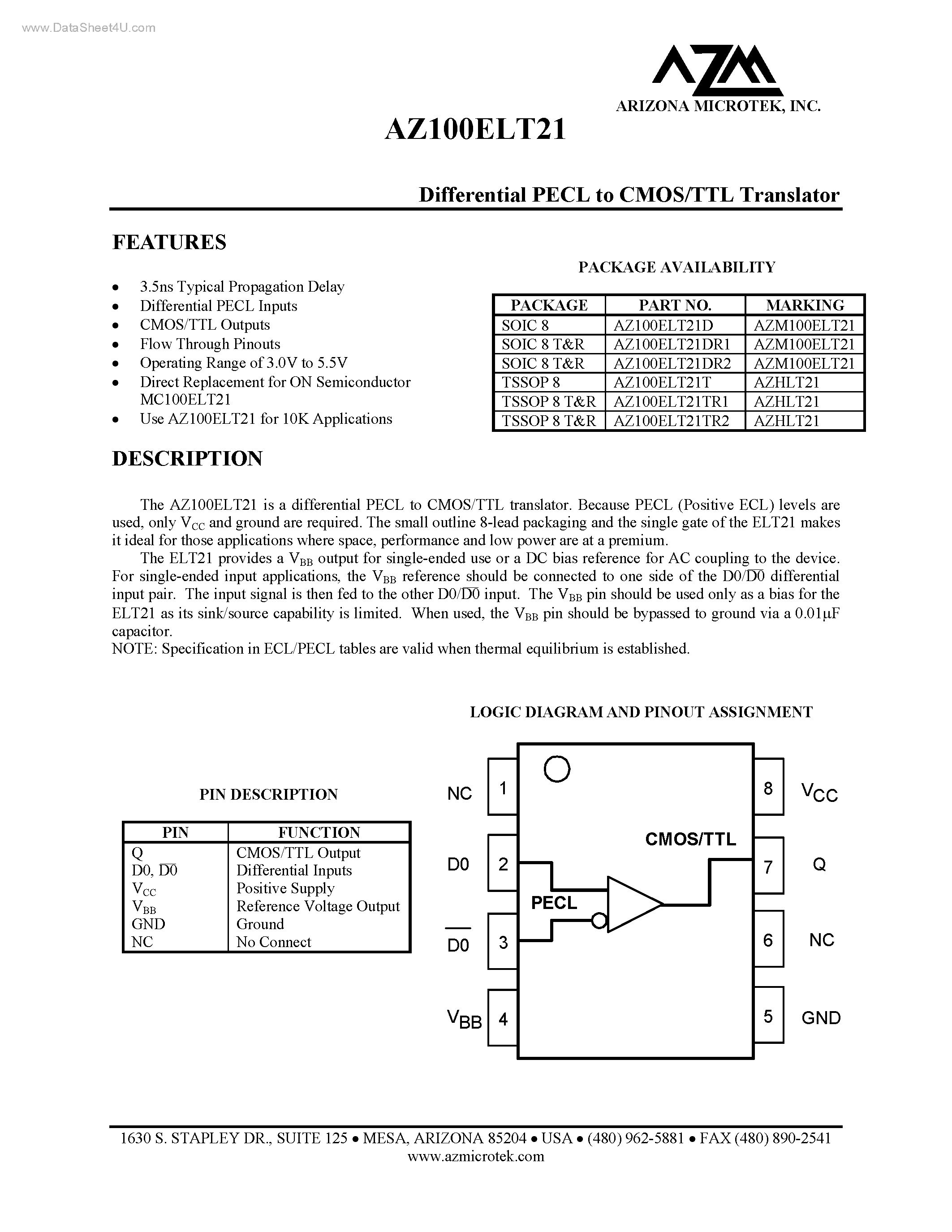Datasheet AZ100ELT21 - Differential PECL to CMOS/TTL Translator page 1