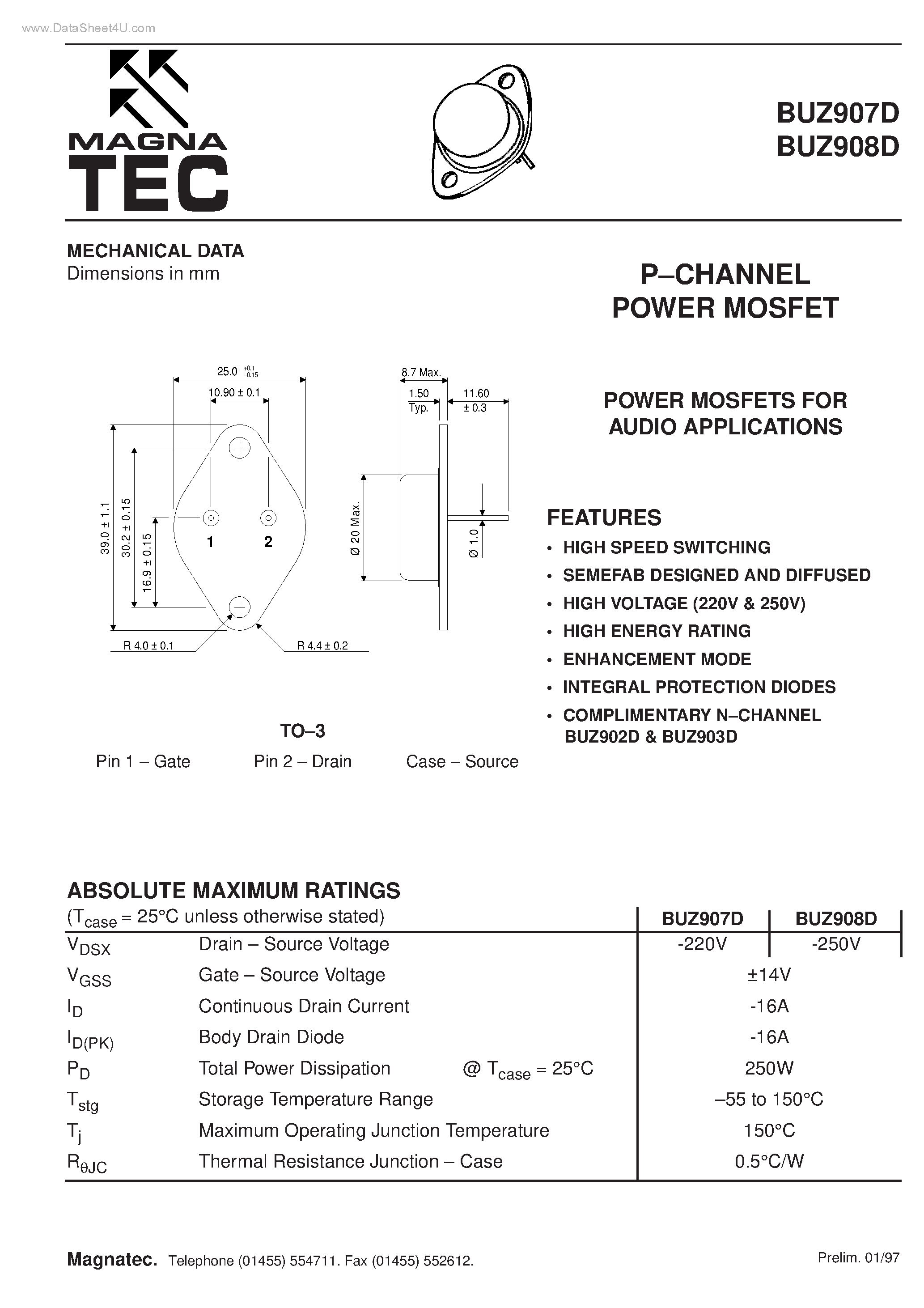 Datasheet BUZ907D page 1 Datasheet BUZ907D - (BUZ907D / BUZ908D) P-CHANNEL POWER MOSFET page 1