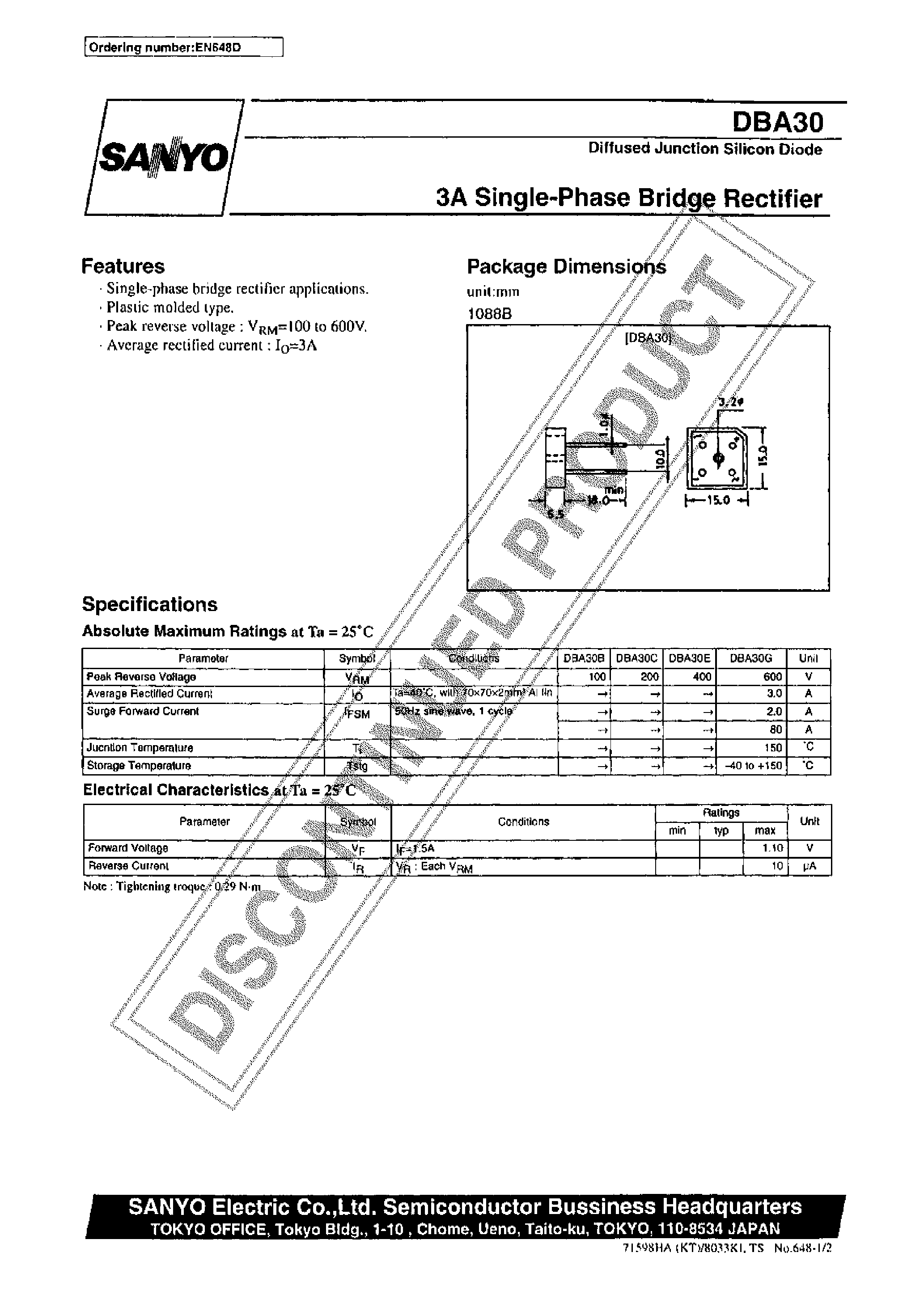 Datasheet DBA30 page 1 Datasheet DBA30 - Single-Phase Bridge Rectifier page 1