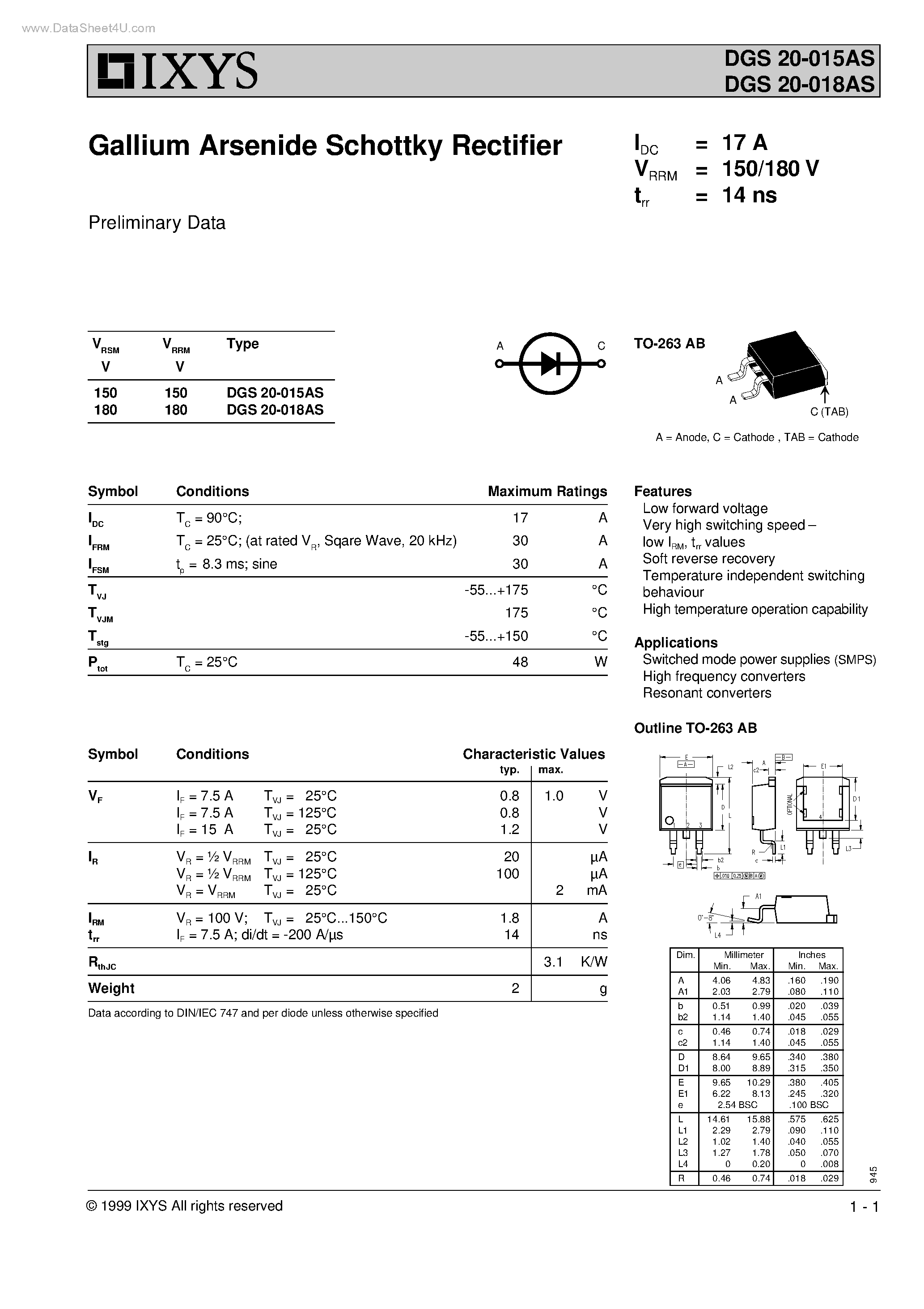 Datasheet DGS20-015AS page 1 Datasheet DGS20-015AS - (DGS20-015AS / DGS20-018AS) Gallium Arsenide Schottky Rectifier page 1
