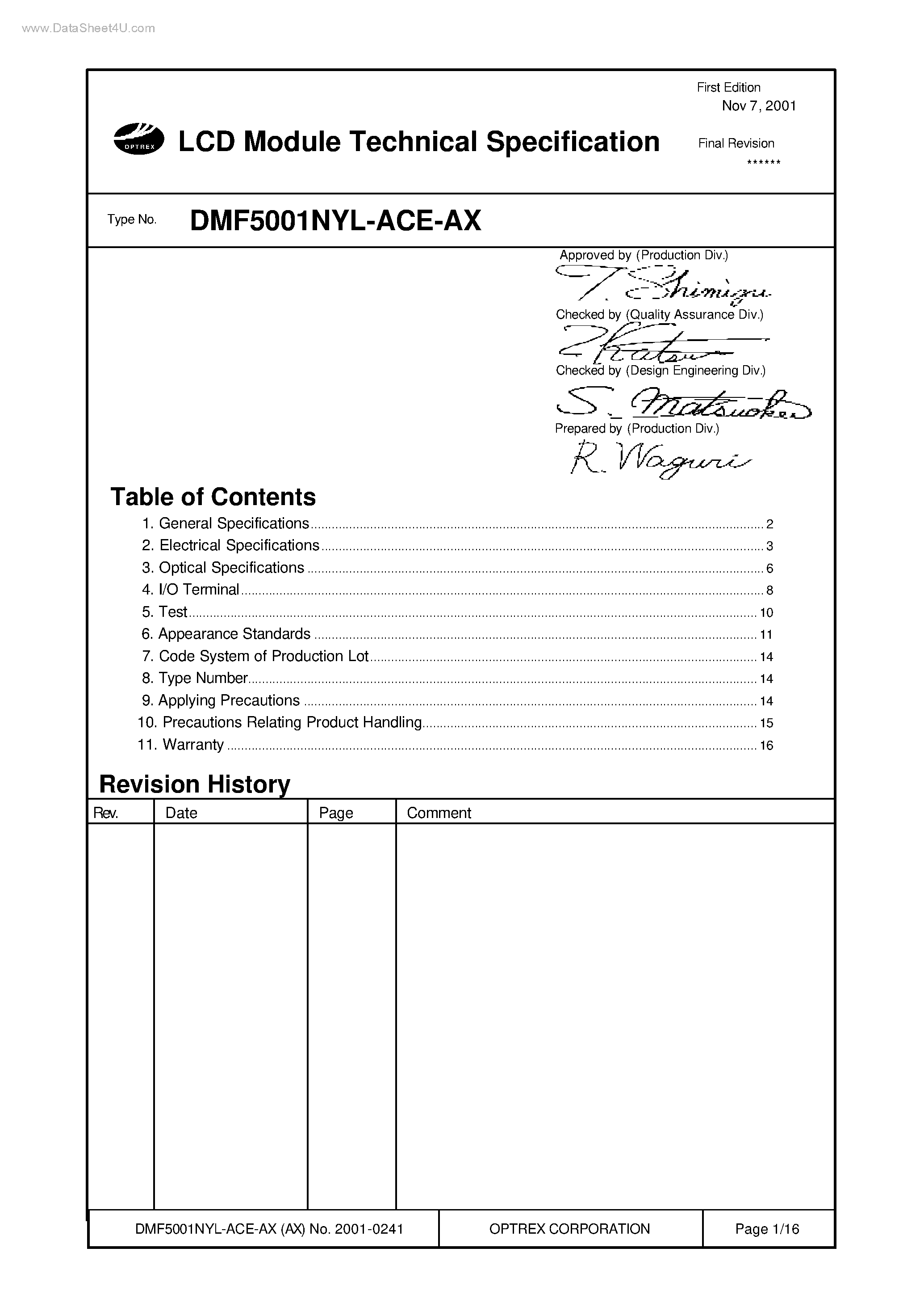 Datasheet DMF5001NYL-ACE-AX page 1 Datasheet DMF5001NYL-ACE-AX - LCD Module Technical Specification page 1