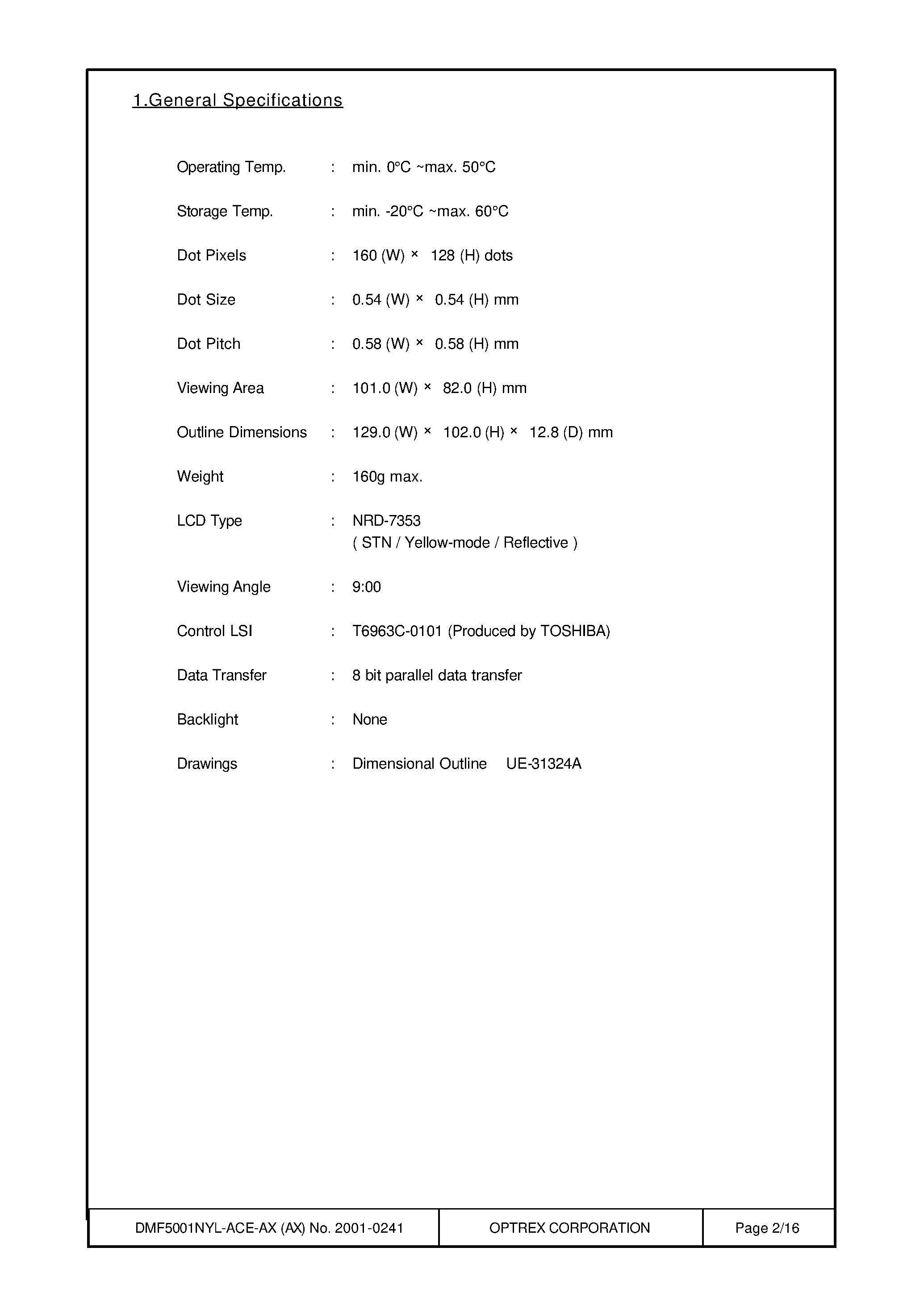 Datasheet DMF5001NYL-ACE-AX page 2 Datasheet DMF5001NYL-ACE-AX - LCD Module Technical Specification page 2