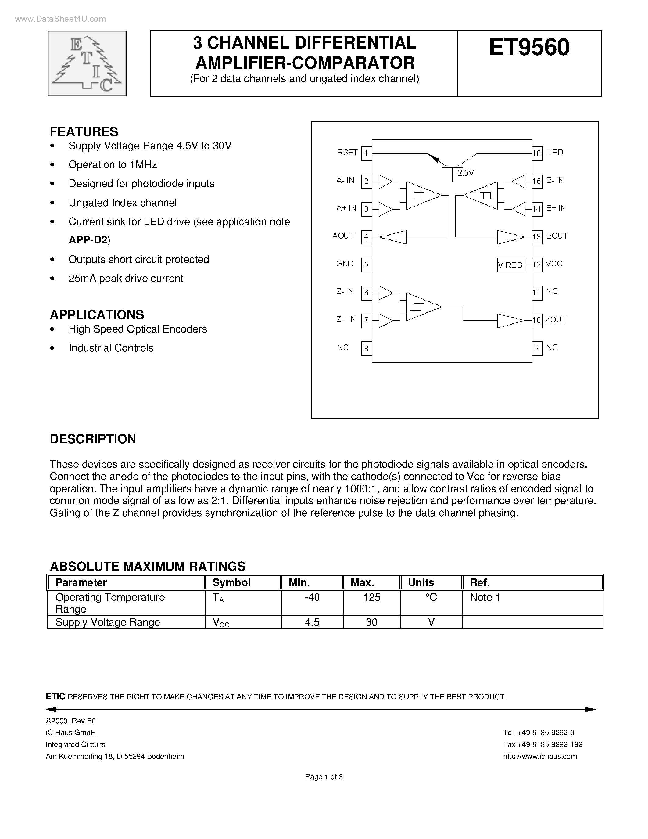 Даташит ET9560 - 3 CHANNEL DIFFERENTIAL AMPLIFIER-COMPARATOR страница 1