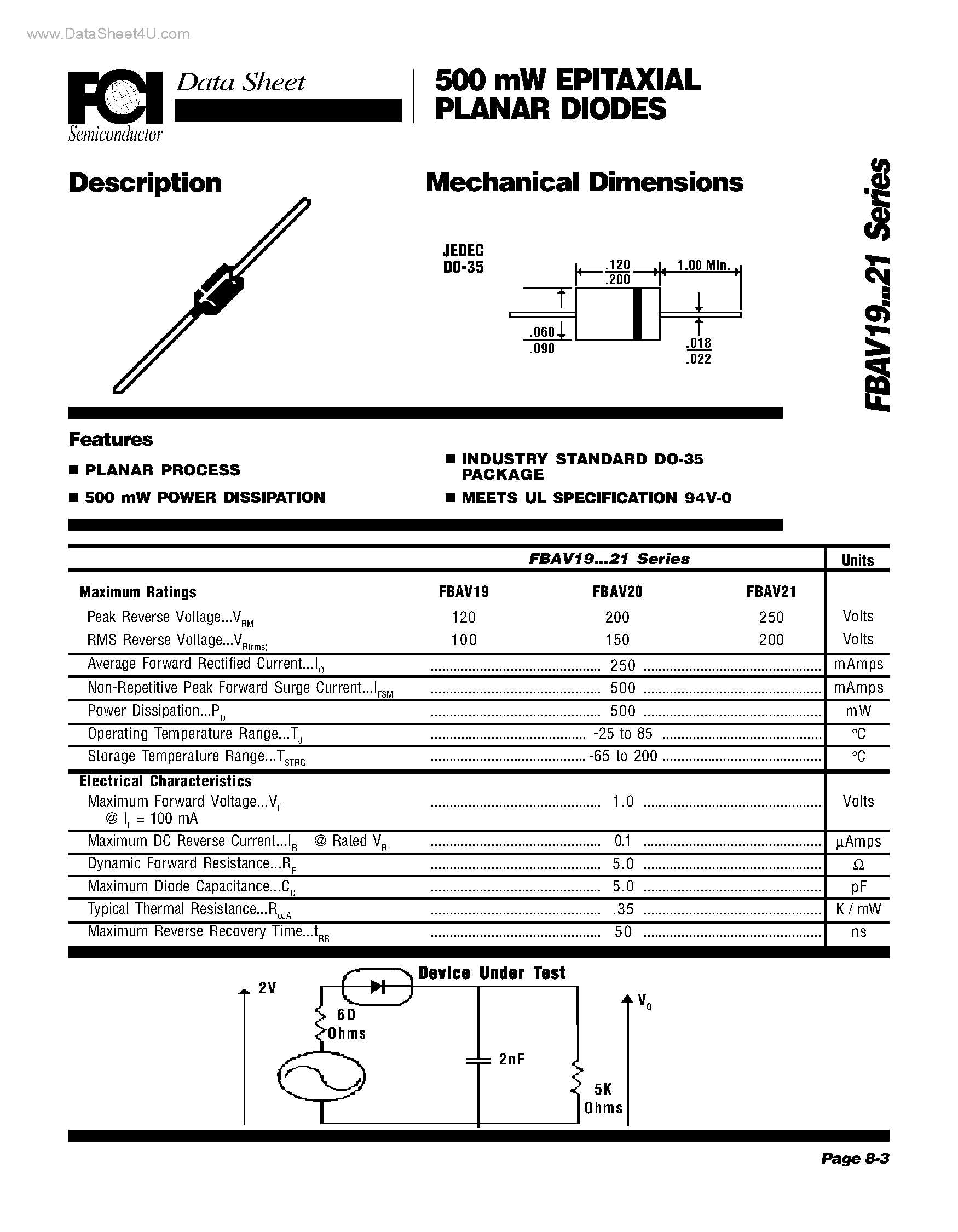 Даташит на микросхему FBAV19 страница 1 Даташит FBAV19 - (FBAV19 - FBAV21) EPITAXIAL PLANAR DIODES страница 1