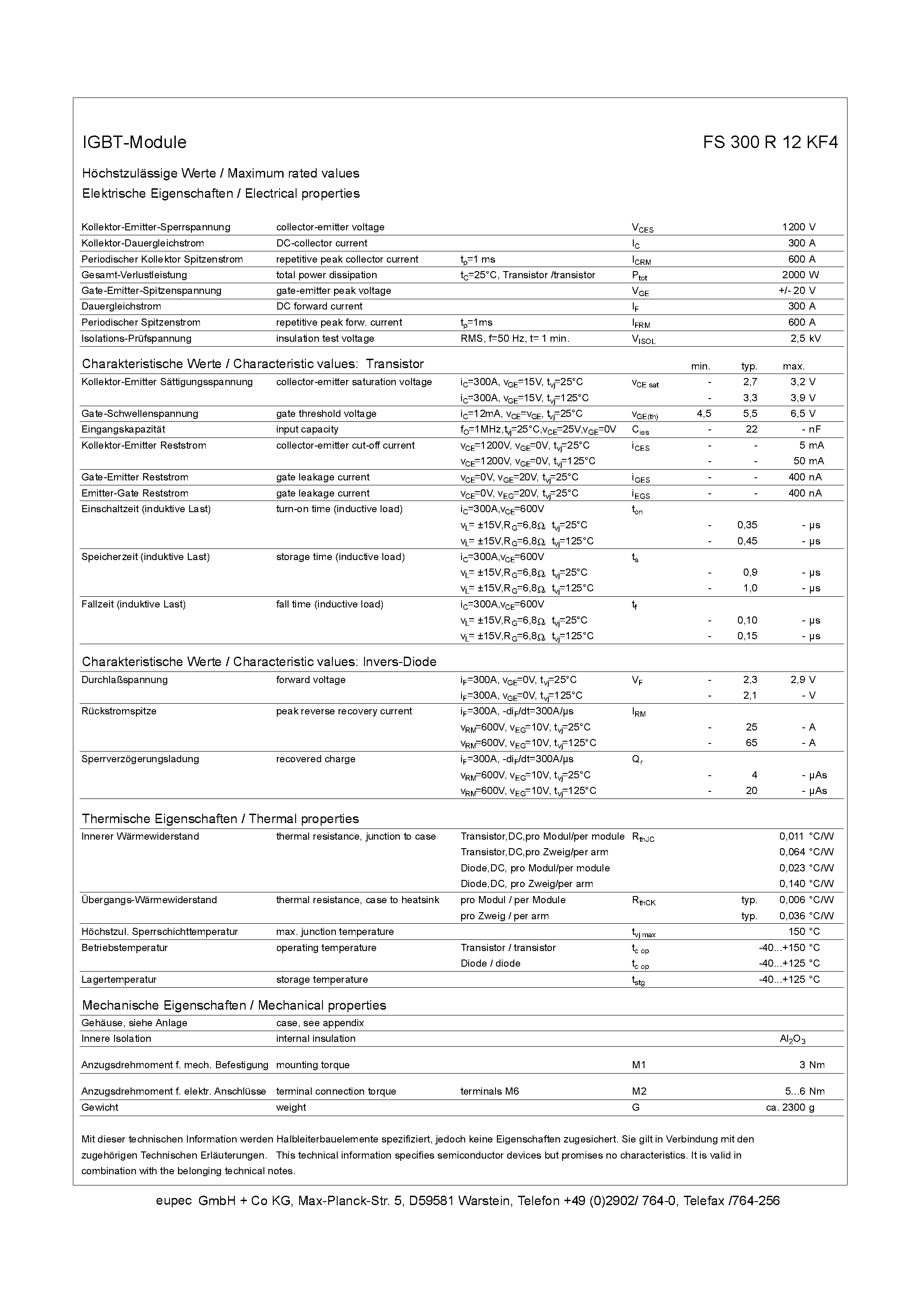 Datasheet FS300R12KF4 - European Power- Semiconductor and Electronics Company GmbH page 2