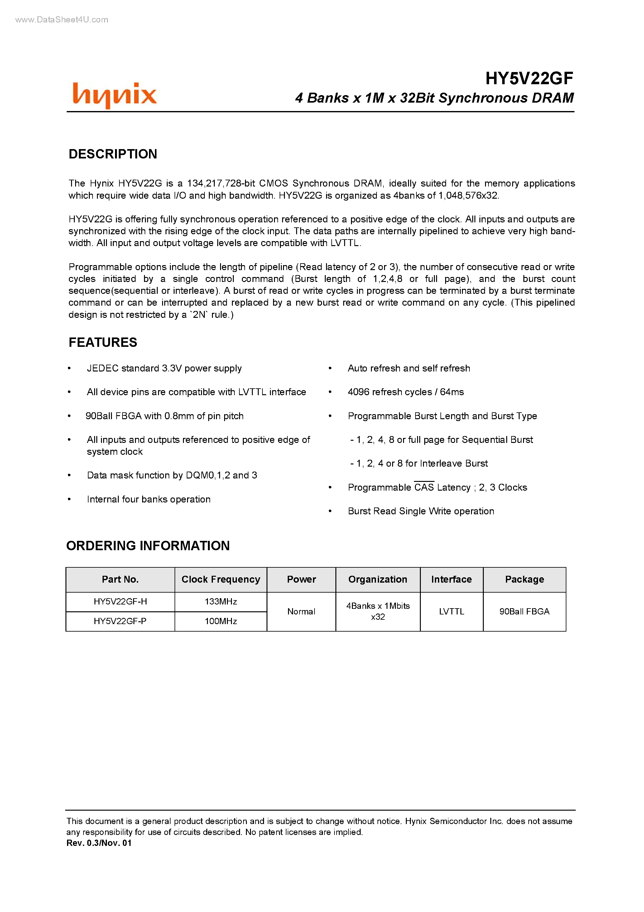 Datasheet HY5V22GF - 4 Banks x 1M x 32Bit Synchronous DRAM page 1