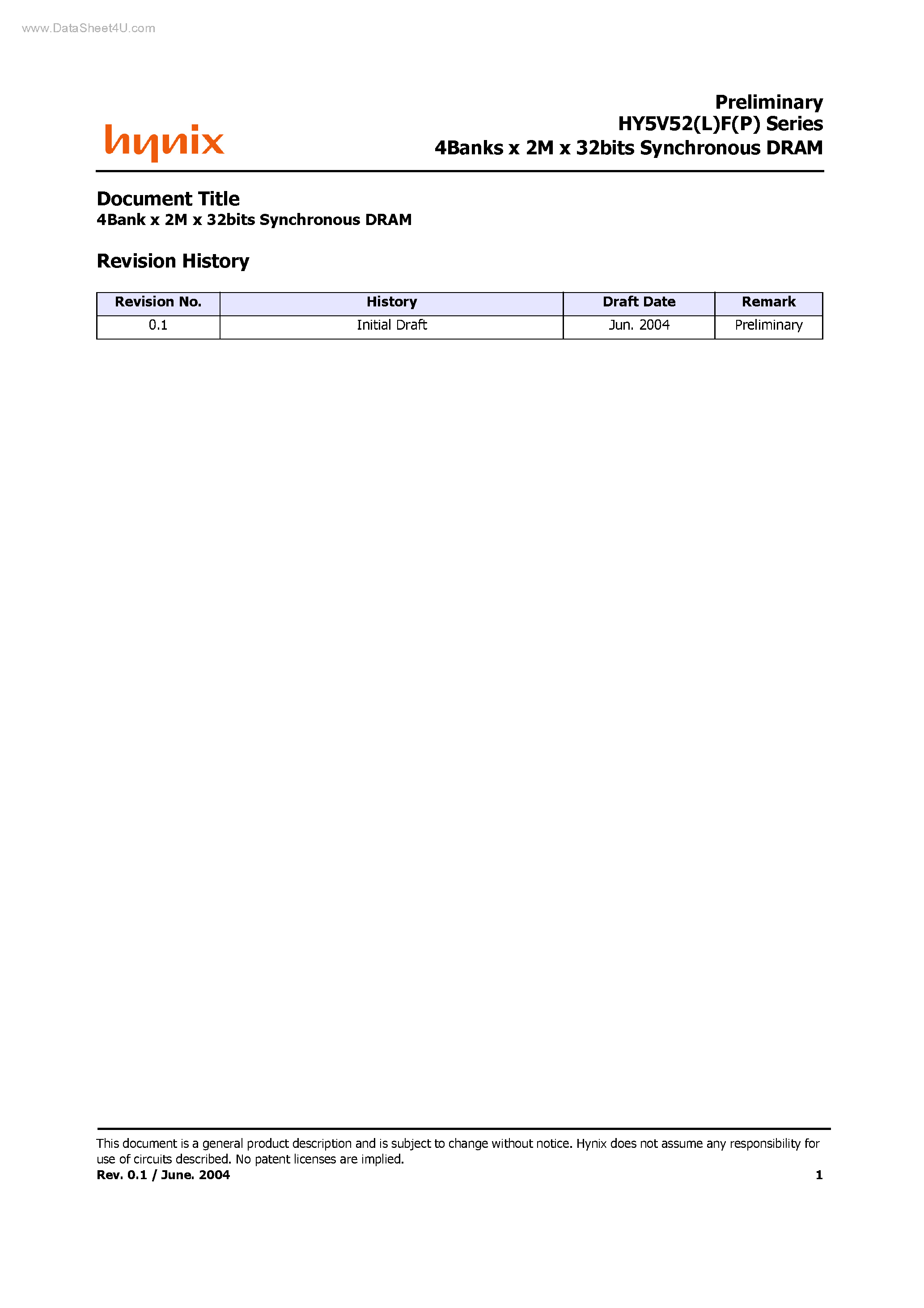 Datasheet HY5V52F - 4Banks x 2M x 32bits Synchronous DRAM page 1