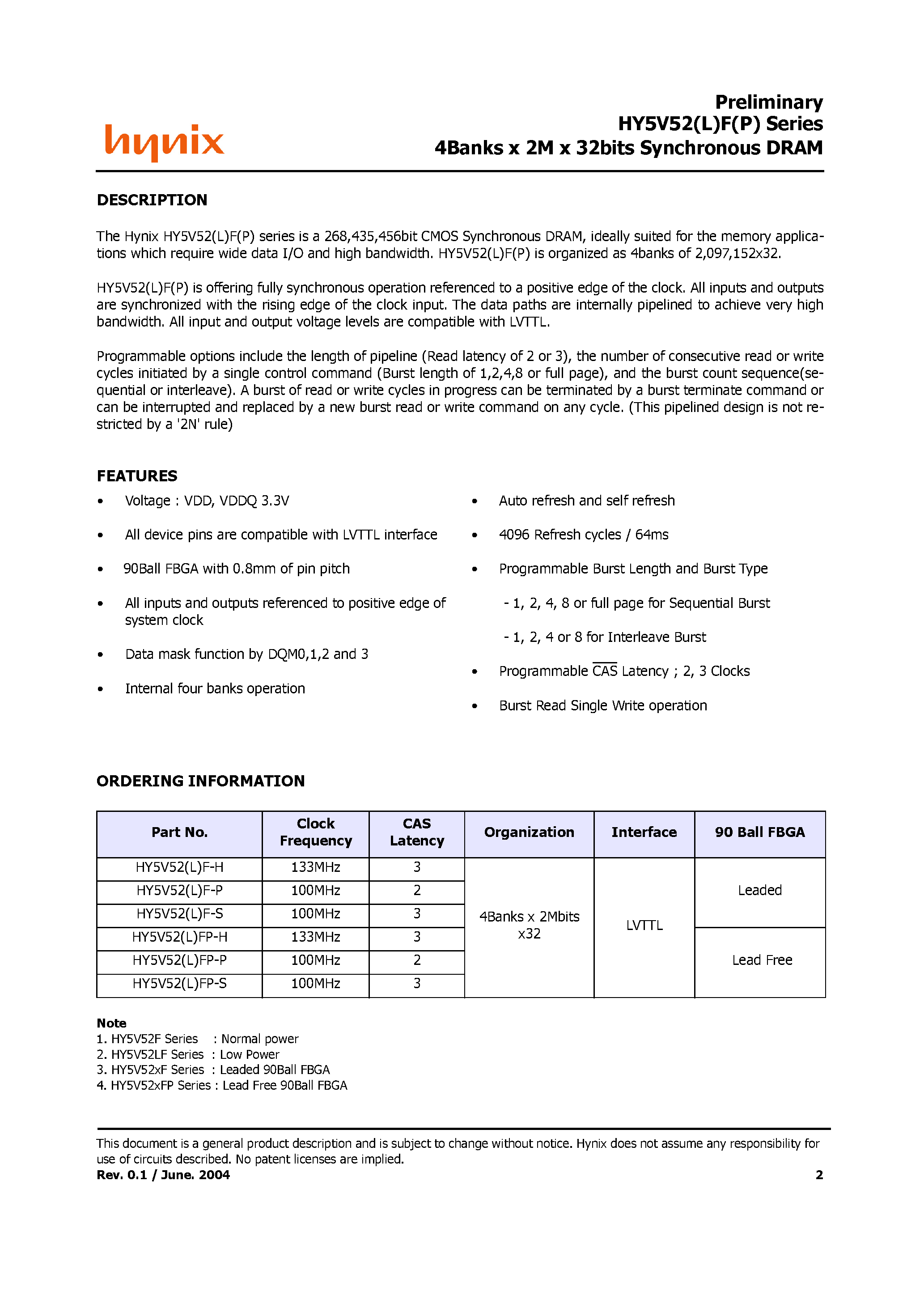 Datasheet HY5V52F - 4Banks x 2M x 32bits Synchronous DRAM page 2
