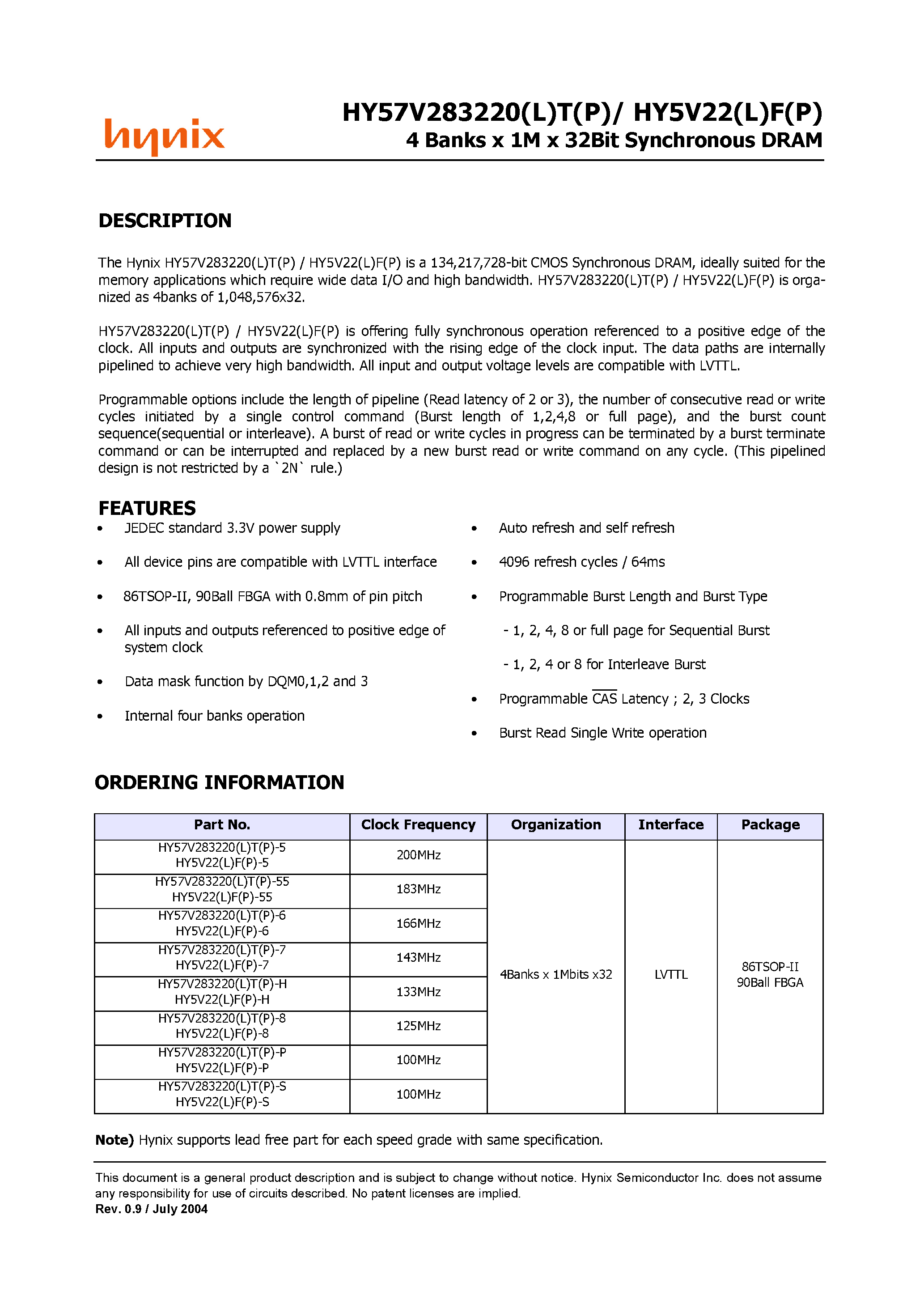 Datasheet HY57V283220LT - 4 Banks x 1M x 32Bit Synchronous DRAM page 2