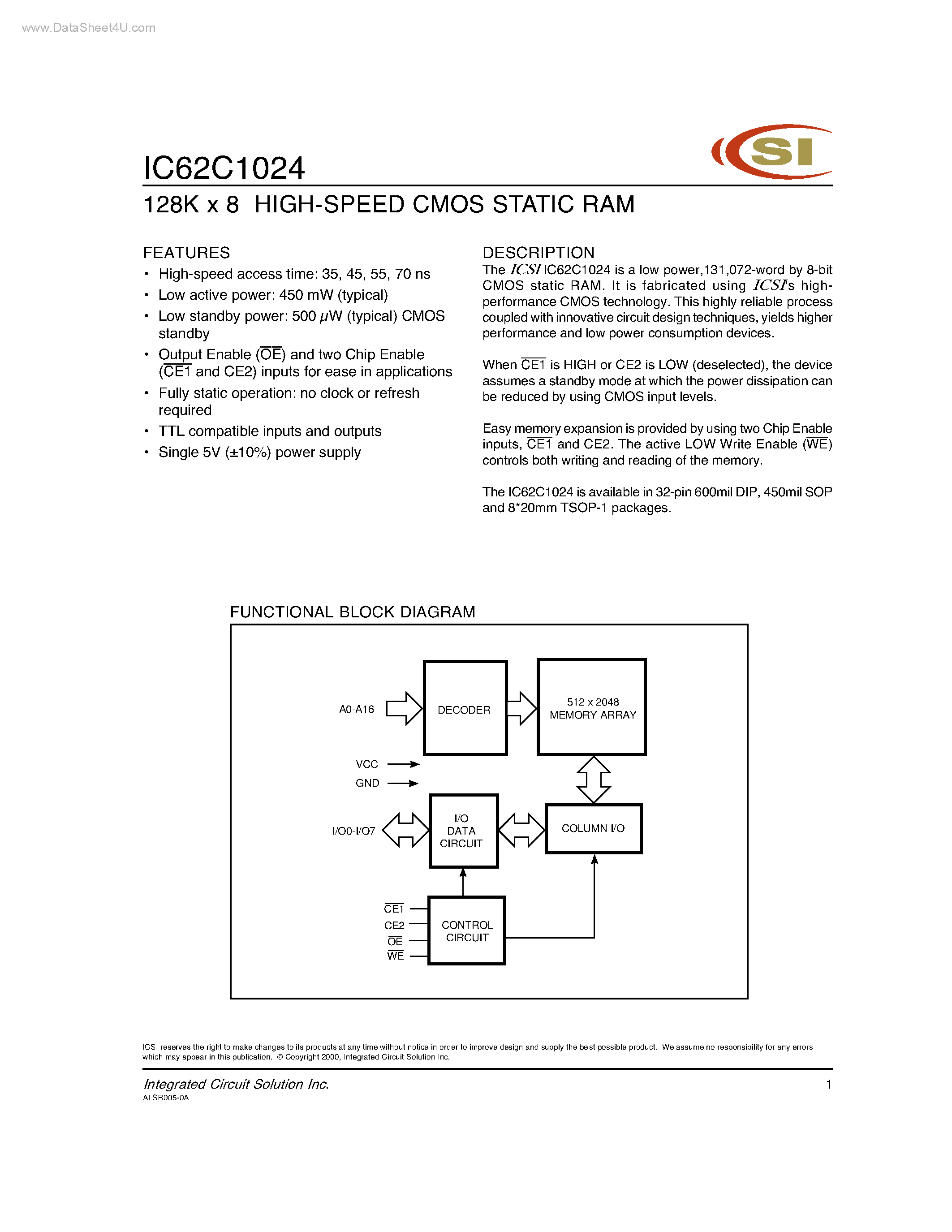 Даташит на микросхему IC62C1024 страница 1 Даташит IC62C1024 - 128K X 8 HIGH SPEED CMOS STATIC RAM страница 1