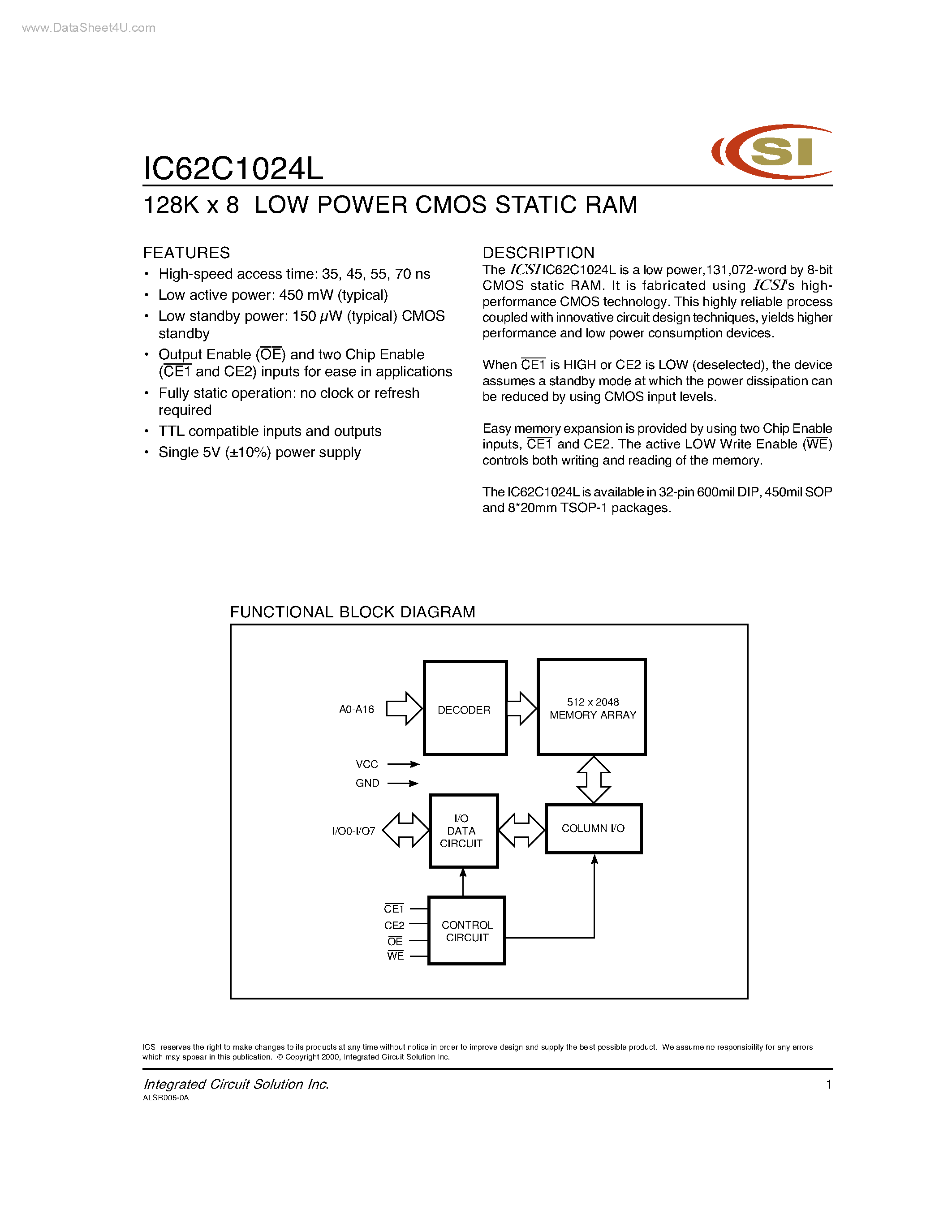 Даташит IC62C1024L - 128K X 8 LOW POWER CMOS STATIC RAM страница 1