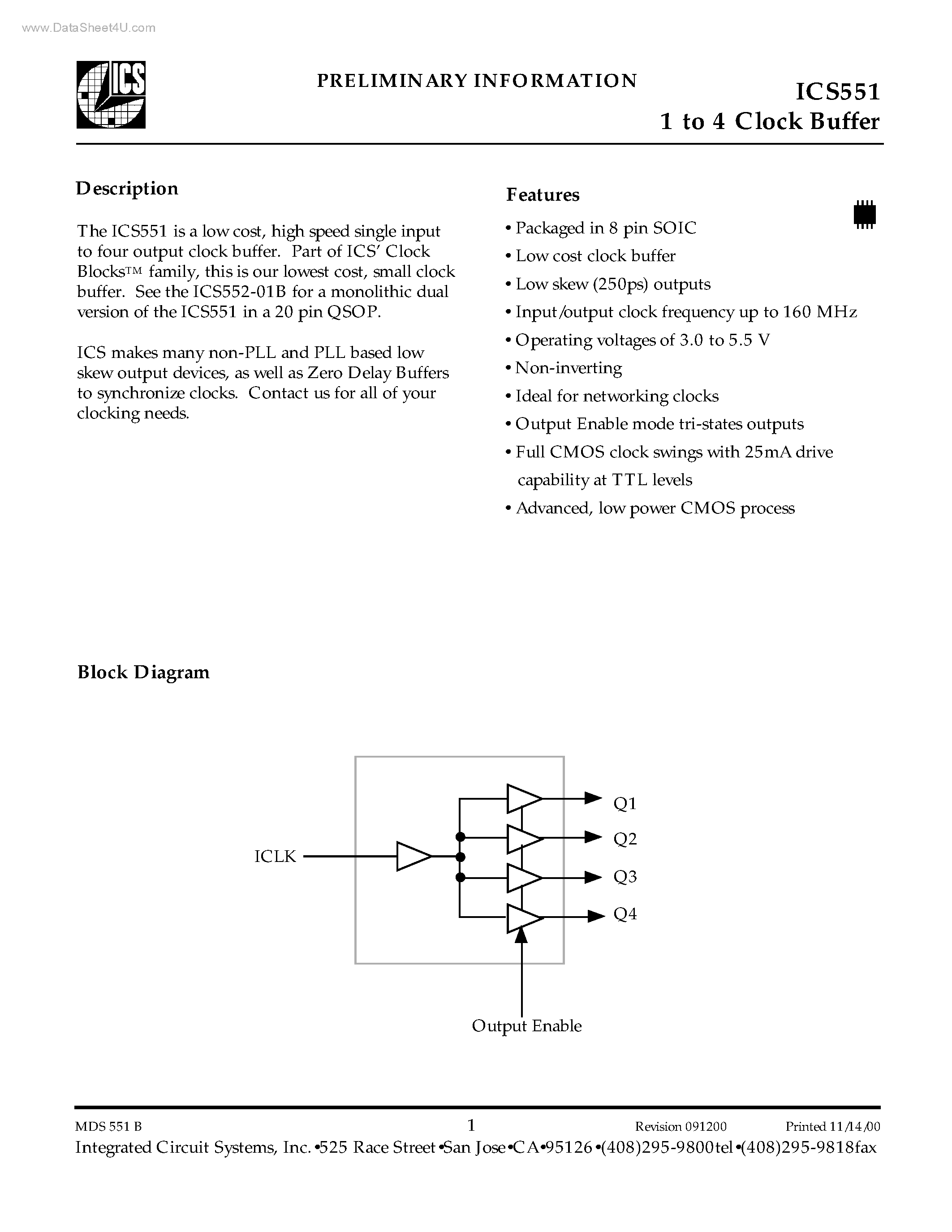 Даташит ICS551 - 1 to 4 Clock Buffer страница 1