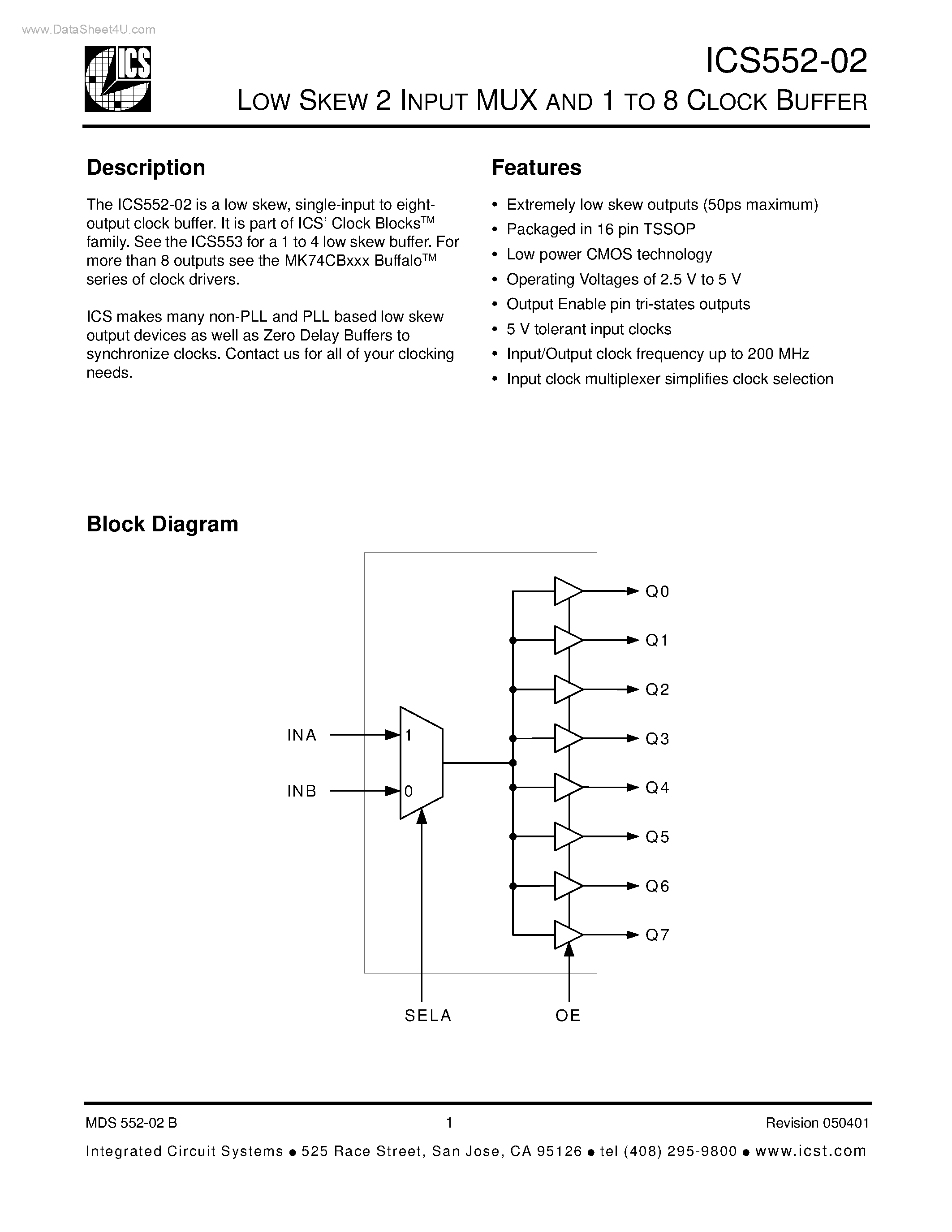 Datasheet ICS552-02 page 1 Datasheet ICS552-02 - LOW SKEW 2 INPUT MUX AND 1 TO 8 CLOCK BUFFER page 1