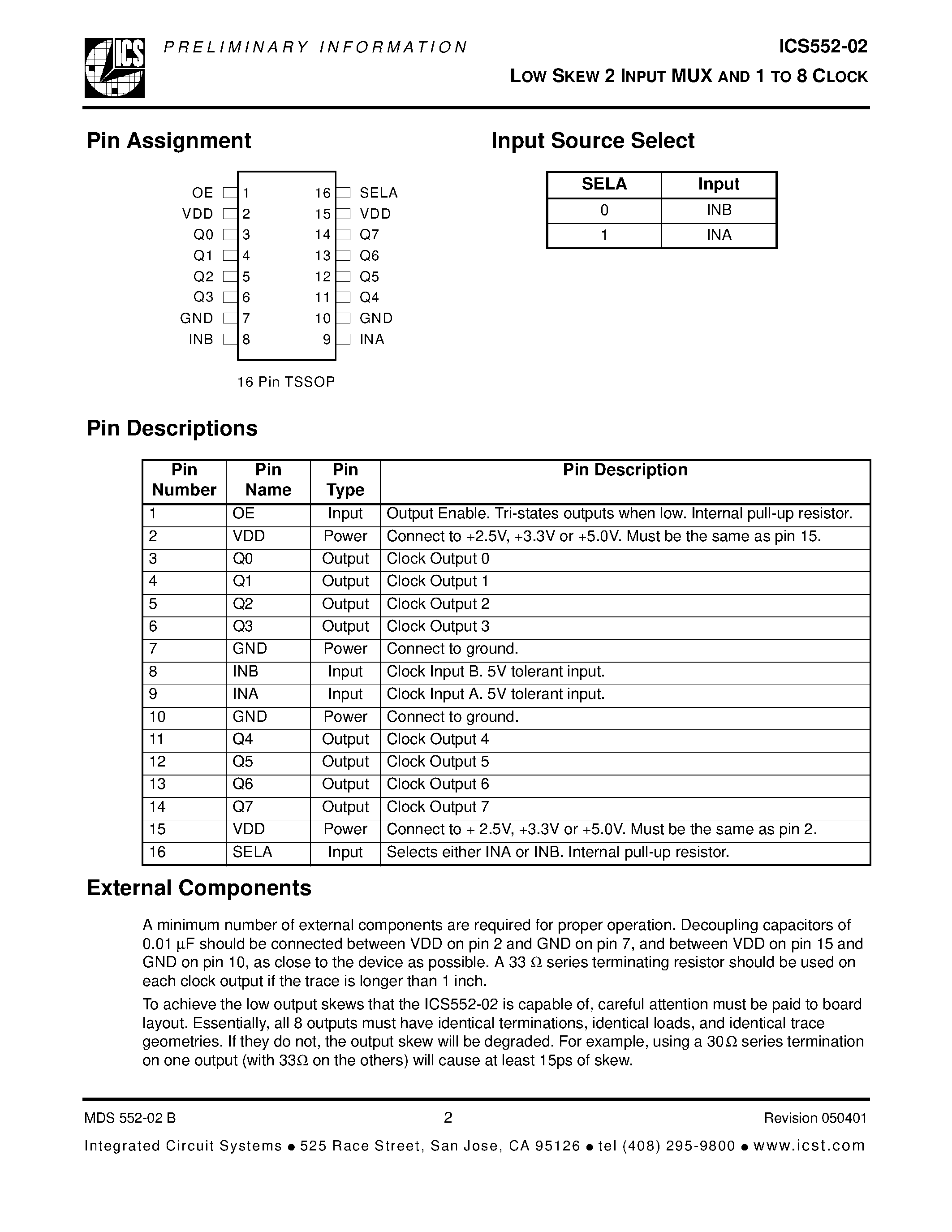 Datasheet ICS552-02 page 2 Datasheet ICS552-02 - LOW SKEW 2 INPUT MUX AND 1 TO 8 CLOCK BUFFER page 2