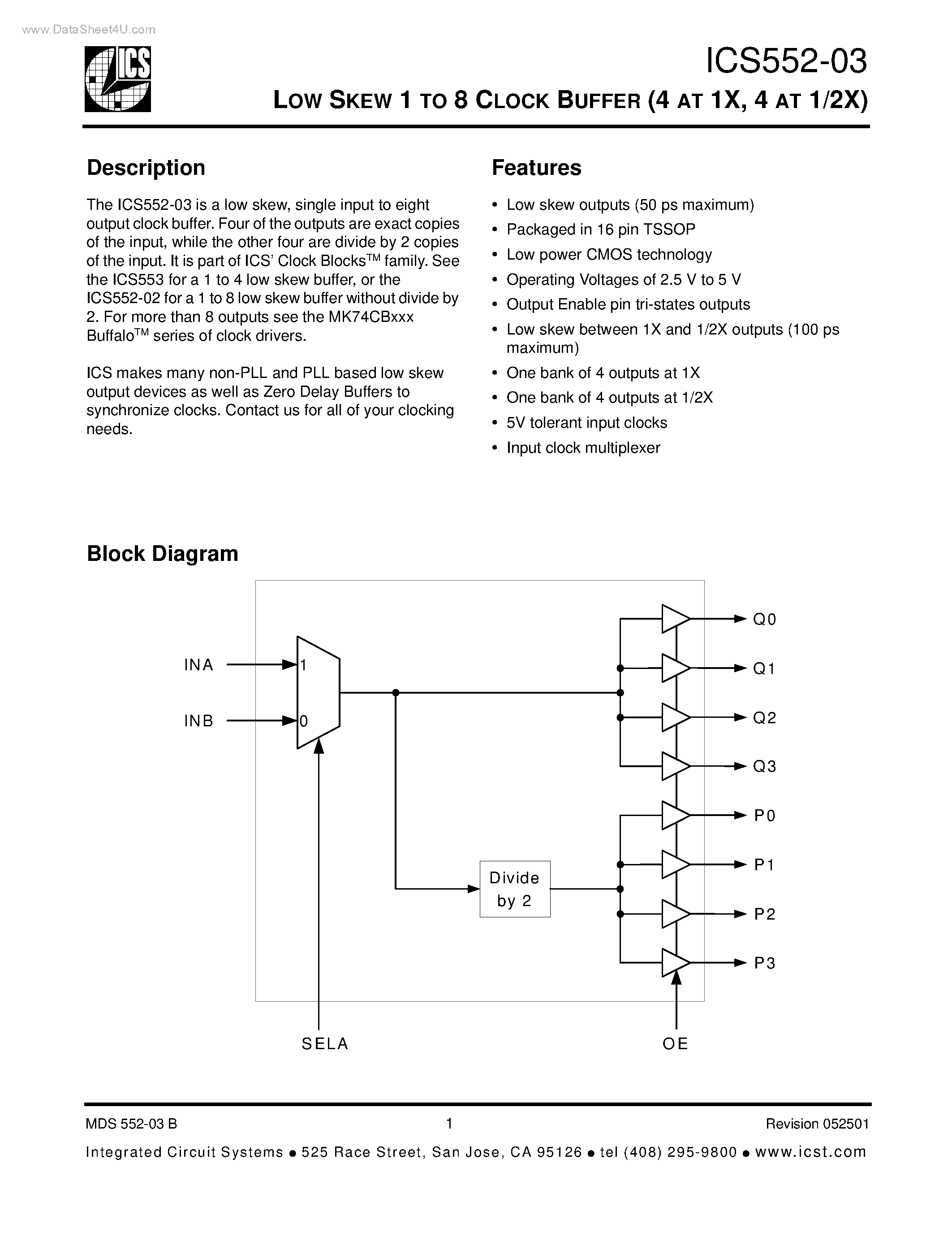 Даташит на микросхему ICS552-03 страница 1 Даташит ICS552-03 - LOW SKEW 1 TO 8 CLOCK BUFFER страница 1