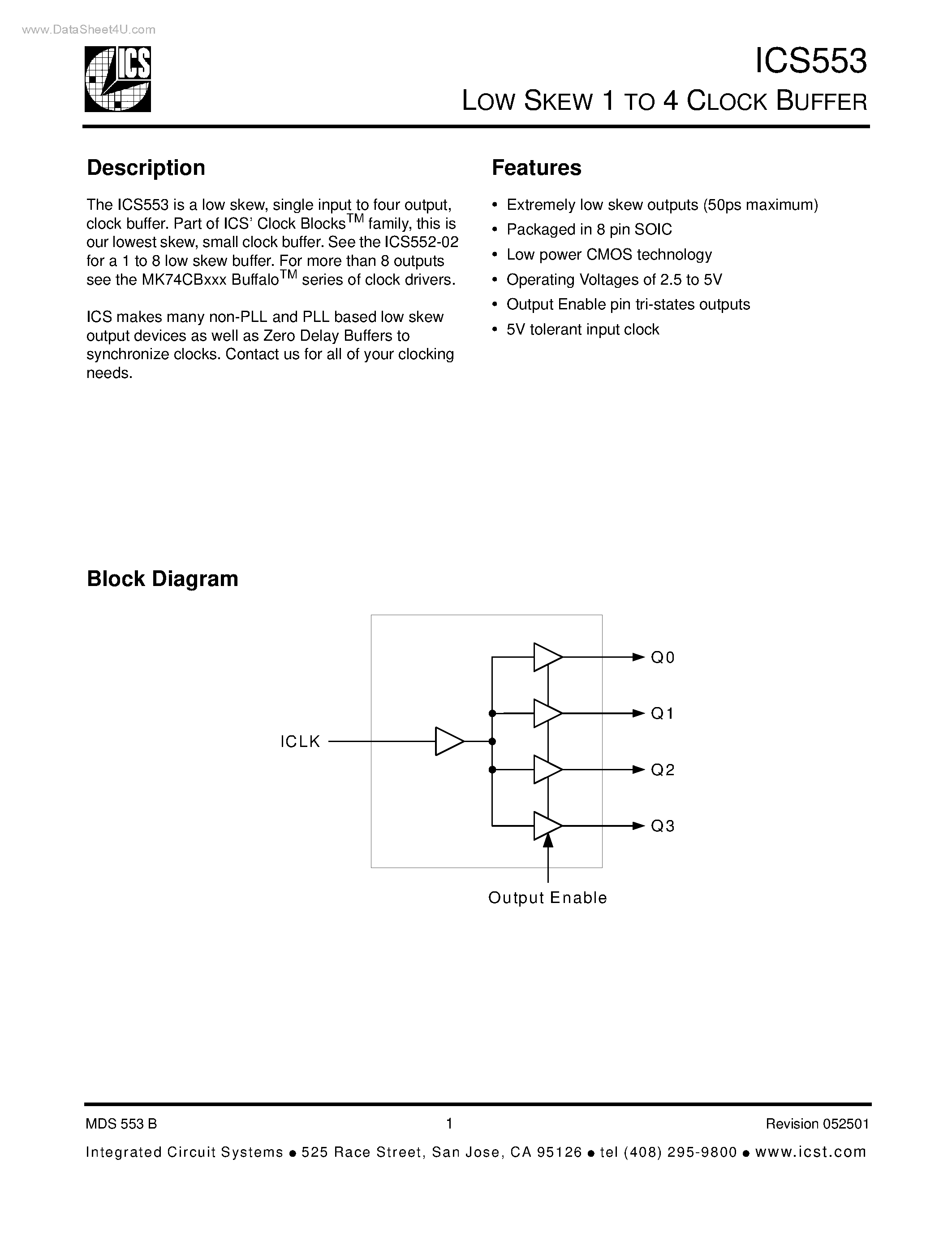 Даташит ICS553 - LOW SKEW 1 TO 4 CLOCK BUFFER страница 1