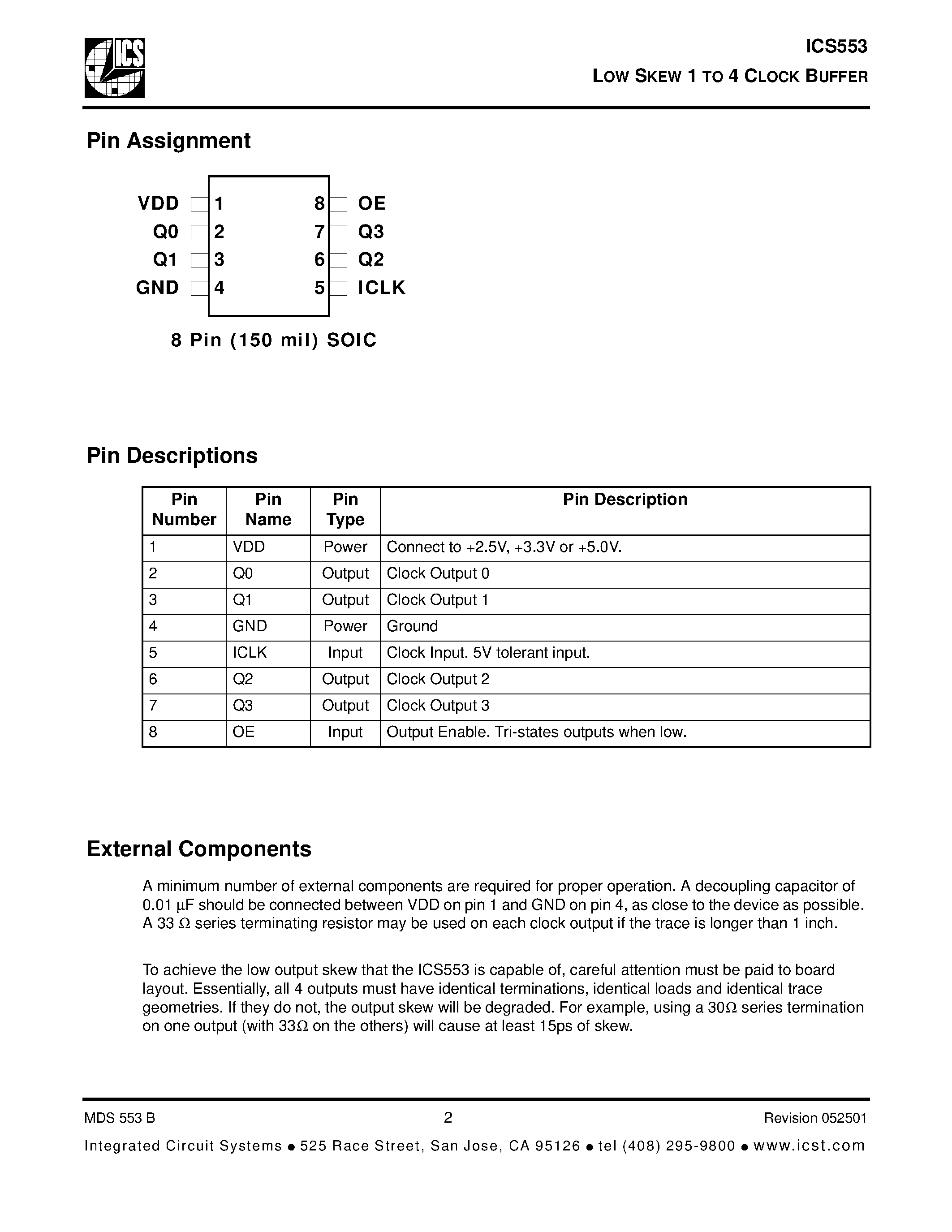 Даташит ICS553 - LOW SKEW 1 TO 4 CLOCK BUFFER страница 2