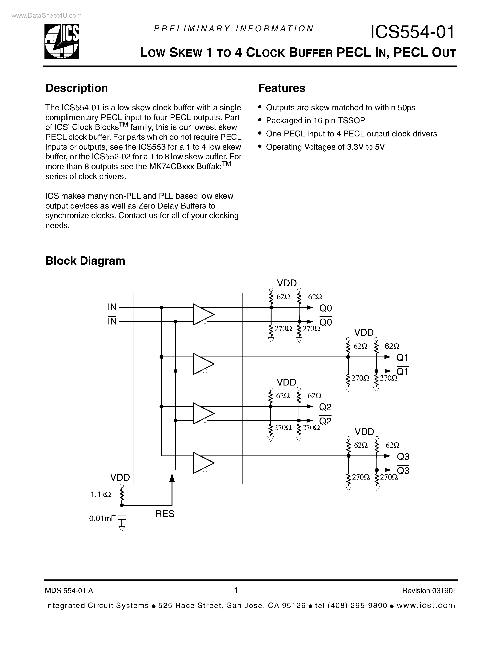 Даташит ICS554-01 - LOW SKEW 1 TO 4 CLOCK BUFFER страница 1