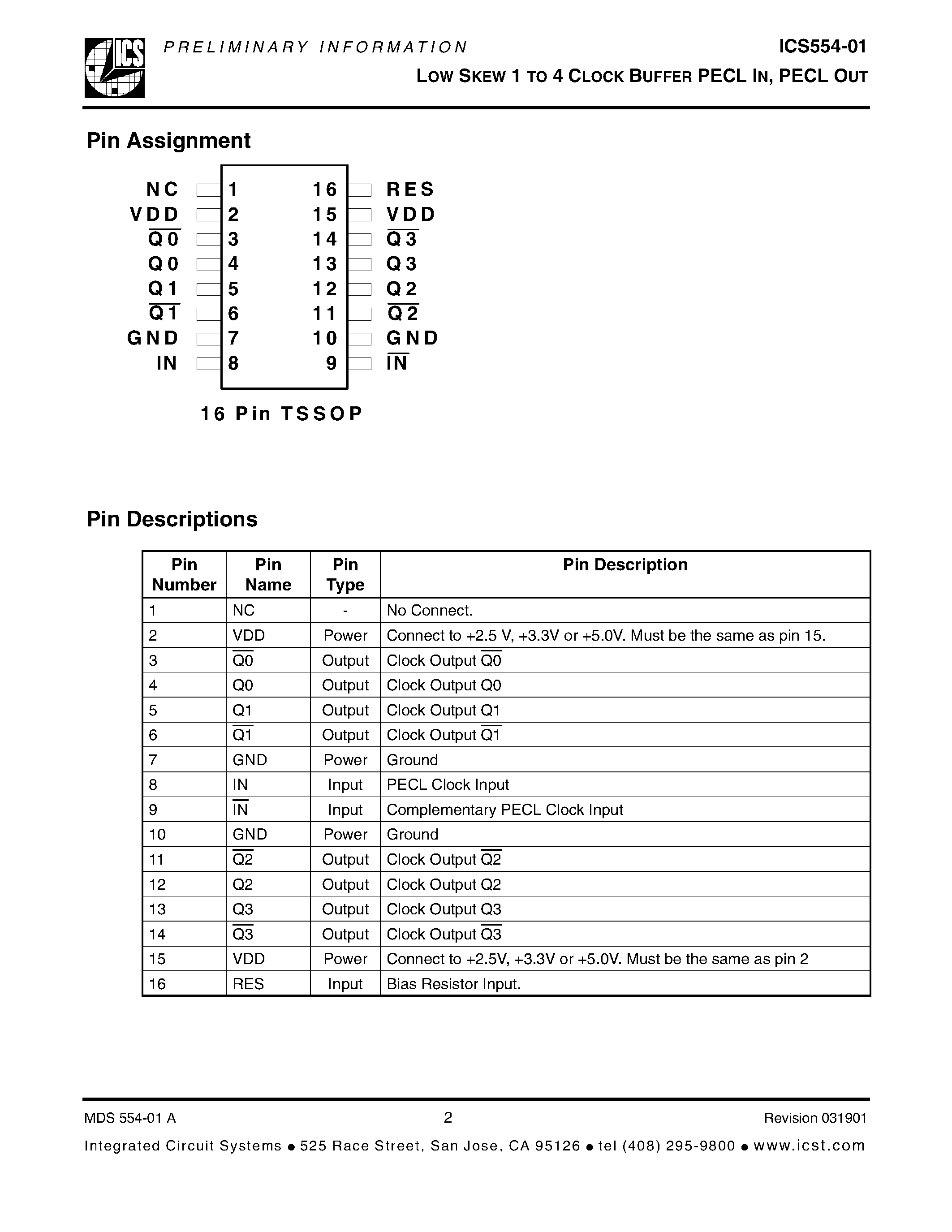 Даташит ICS554-01 - LOW SKEW 1 TO 4 CLOCK BUFFER страница 2