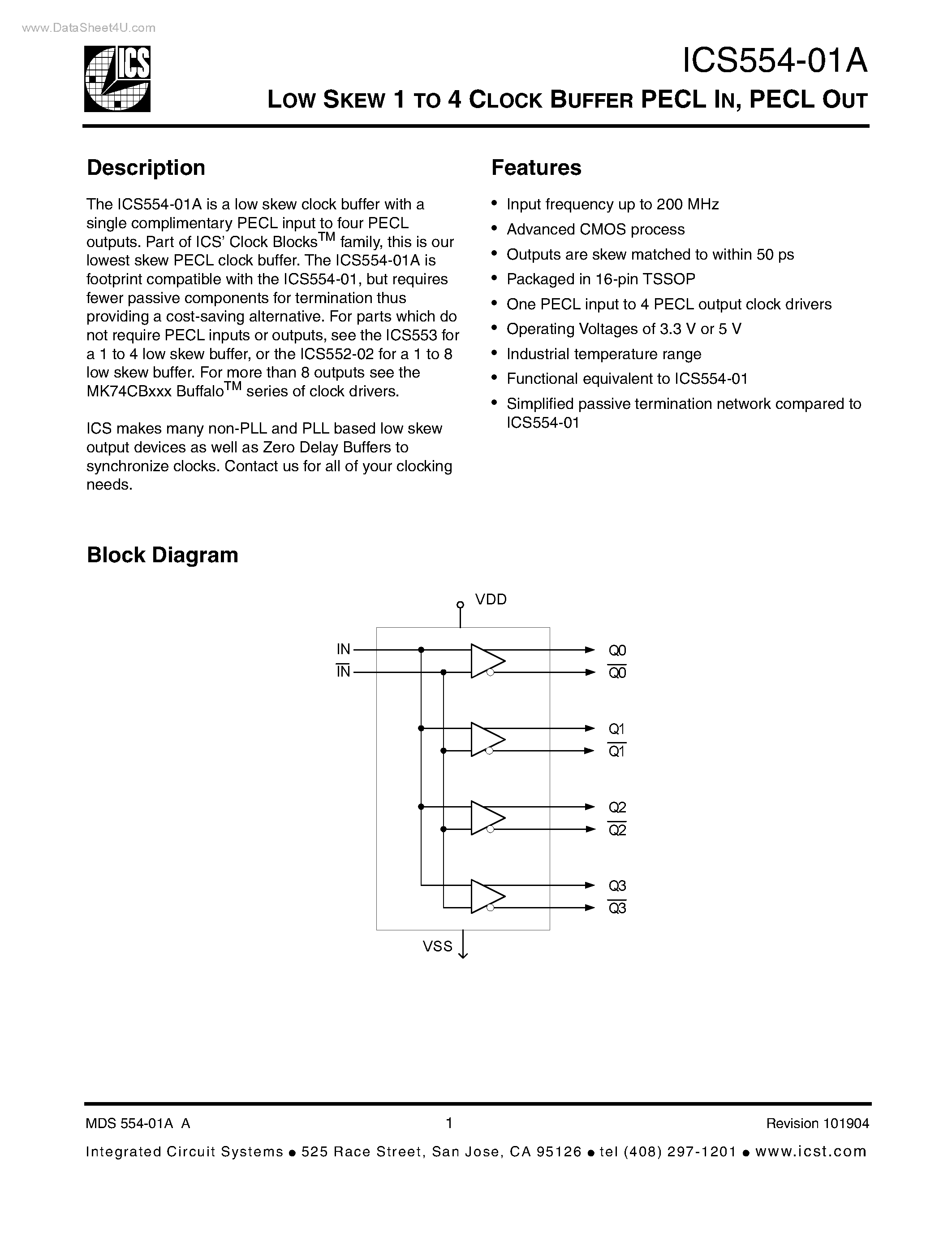 Даташит ICS554-01A - LOW SKEW 1 TO 4 CLOCK BUFFER страница 1