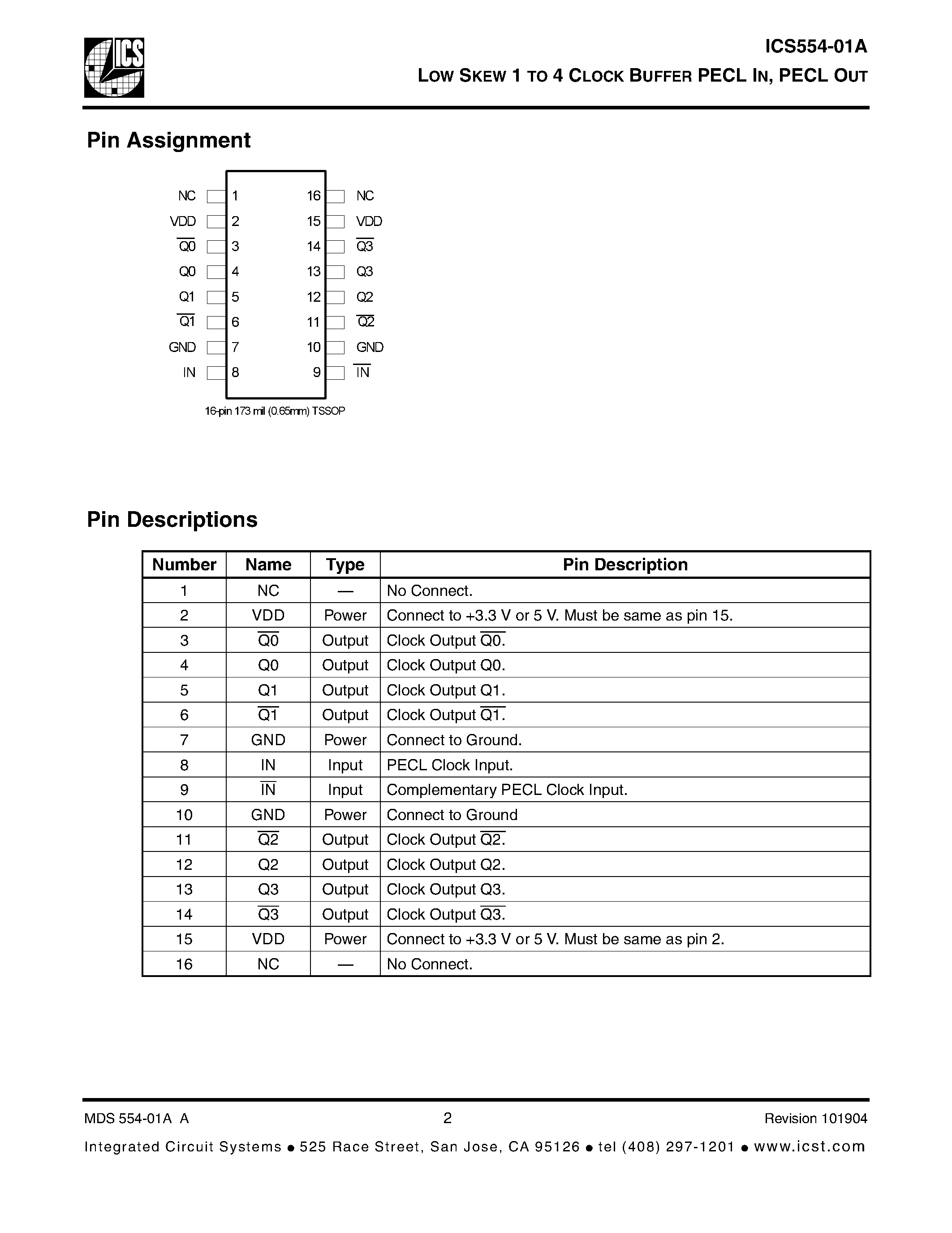Даташит ICS554-01A - LOW SKEW 1 TO 4 CLOCK BUFFER страница 2